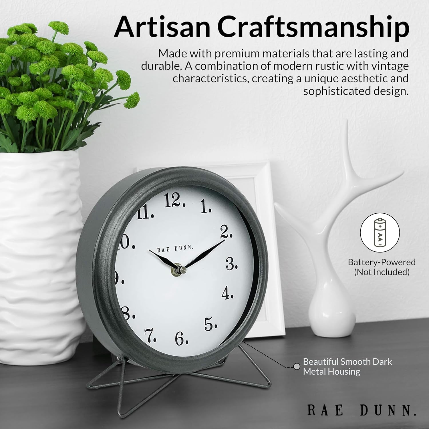Rae Dunn Reloj de escritorio, funciona con pilas, diseño rústico moderno, mango superior para dormitorio, oficina, cocina, pequeña pantalla