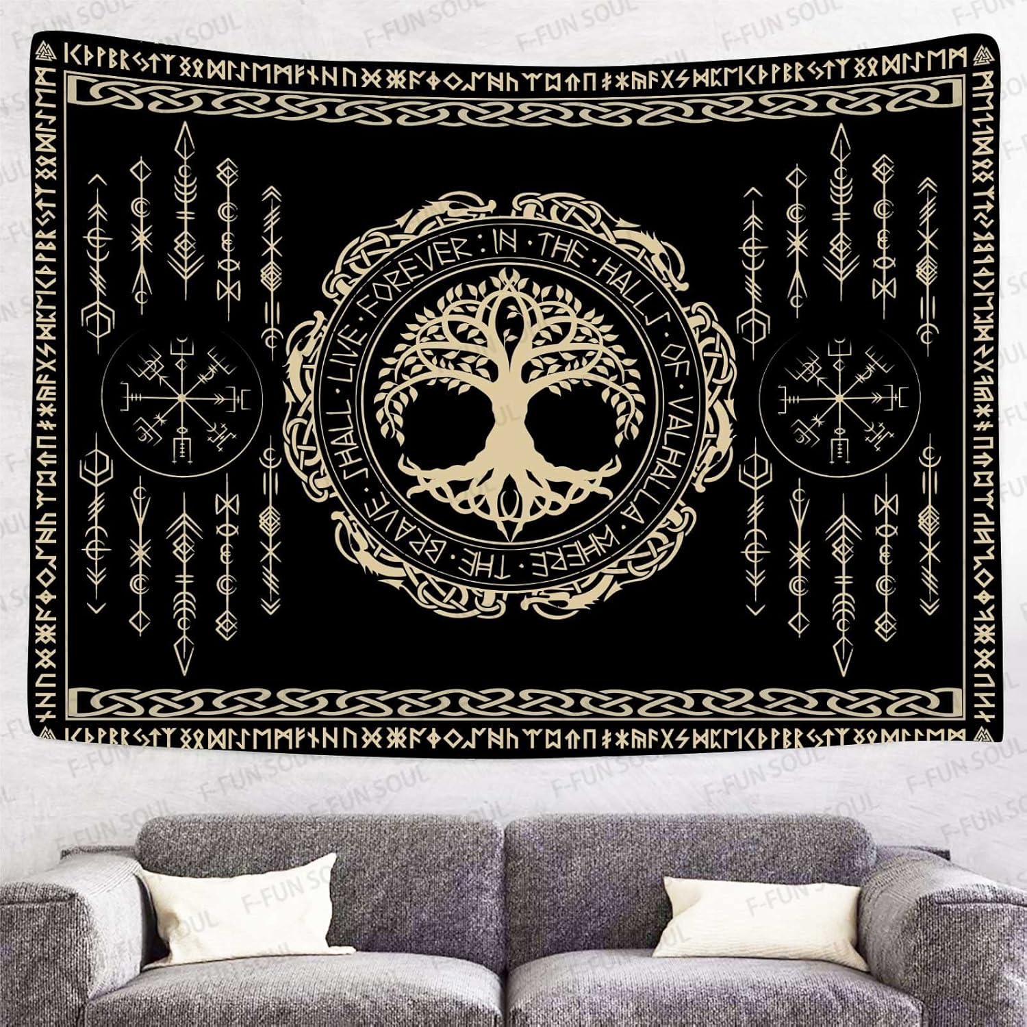 F-FUN SOUL Tapiz de los vikingos nórdicos, franela suave, 40 x 30 pulgadas, árbol de la vida vikingo Yggdrasil, runa celta escandinava, tapiz de
