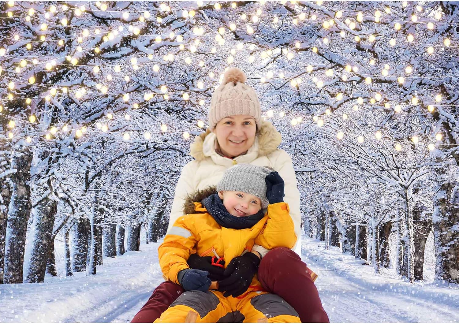 Telón de fondo fotográfico de escena de invierno de 7 x 5 pies, diseño de copo de nieve con purpurina, nieve, paisaje, decoración de árbol de
