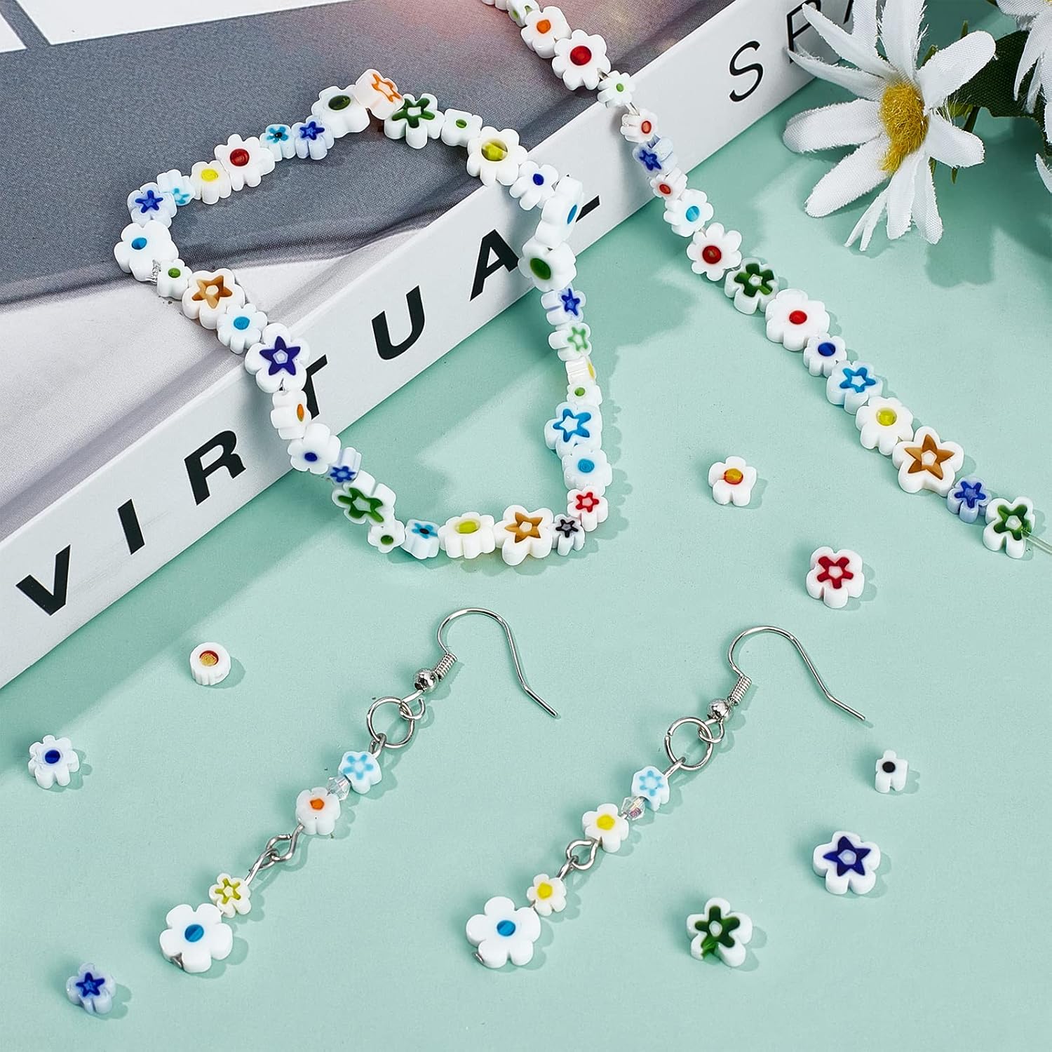 OLYCRAFT 236 cuentas de vidrio Millefiori hechas a mano, 3 estilos, cuentas de flores de vidrio blanco, cuentas de mosaico sueltas para joyería,