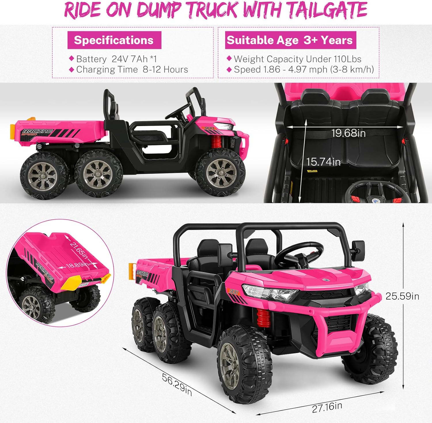 Hikole Vehículo UTV de 2 plazas para niños, 24 V, 6 x 6, 4 WD, auto eléctrico para niños con control remoto, 6 ruedas, cama volquete, música,