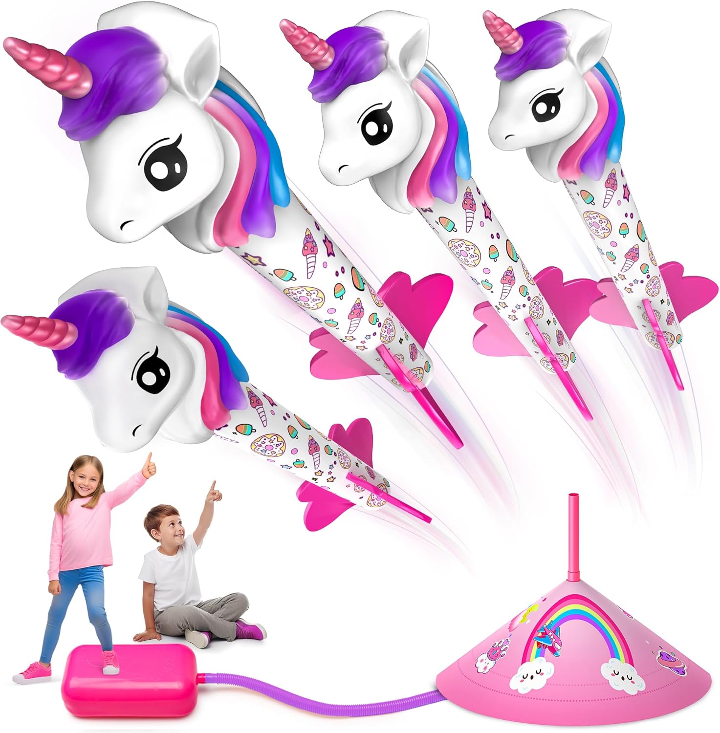 beefunni Lanzacohetes de unicornio para niñas, 4 juguetes de unicornio para exteriores, regalos de cumpleaños de Navidad para niñas de 2 a 4 a 6