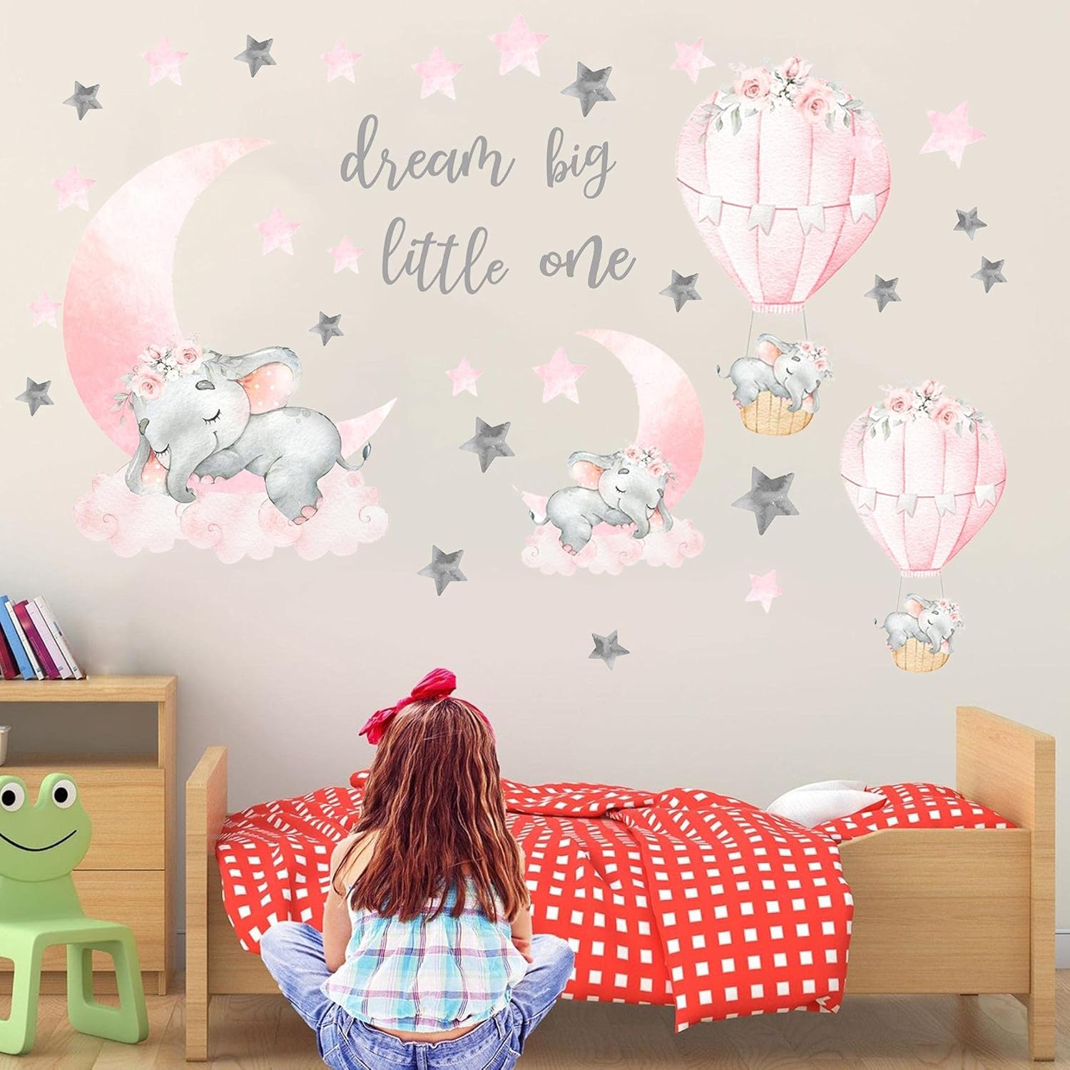 Calcomanías de pared de elefante, luna rosa, estrella, globo de aire caliente, calcomanías de animales para niños, guardería, dormitorio, decoración