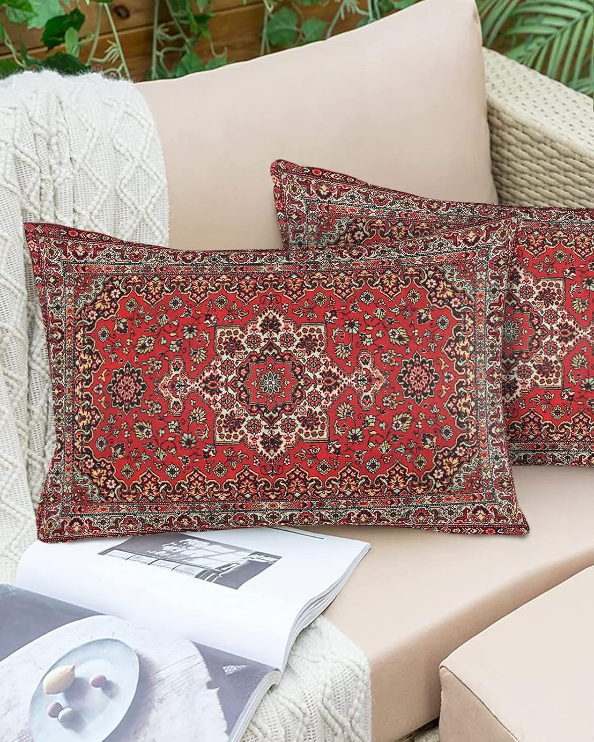 Fundas de almohada decorativas bohemias rojas persas, fundas de cojín suaves y acogedoras para sofá, automóvil, dormitorio, rectangular, 16 x 24