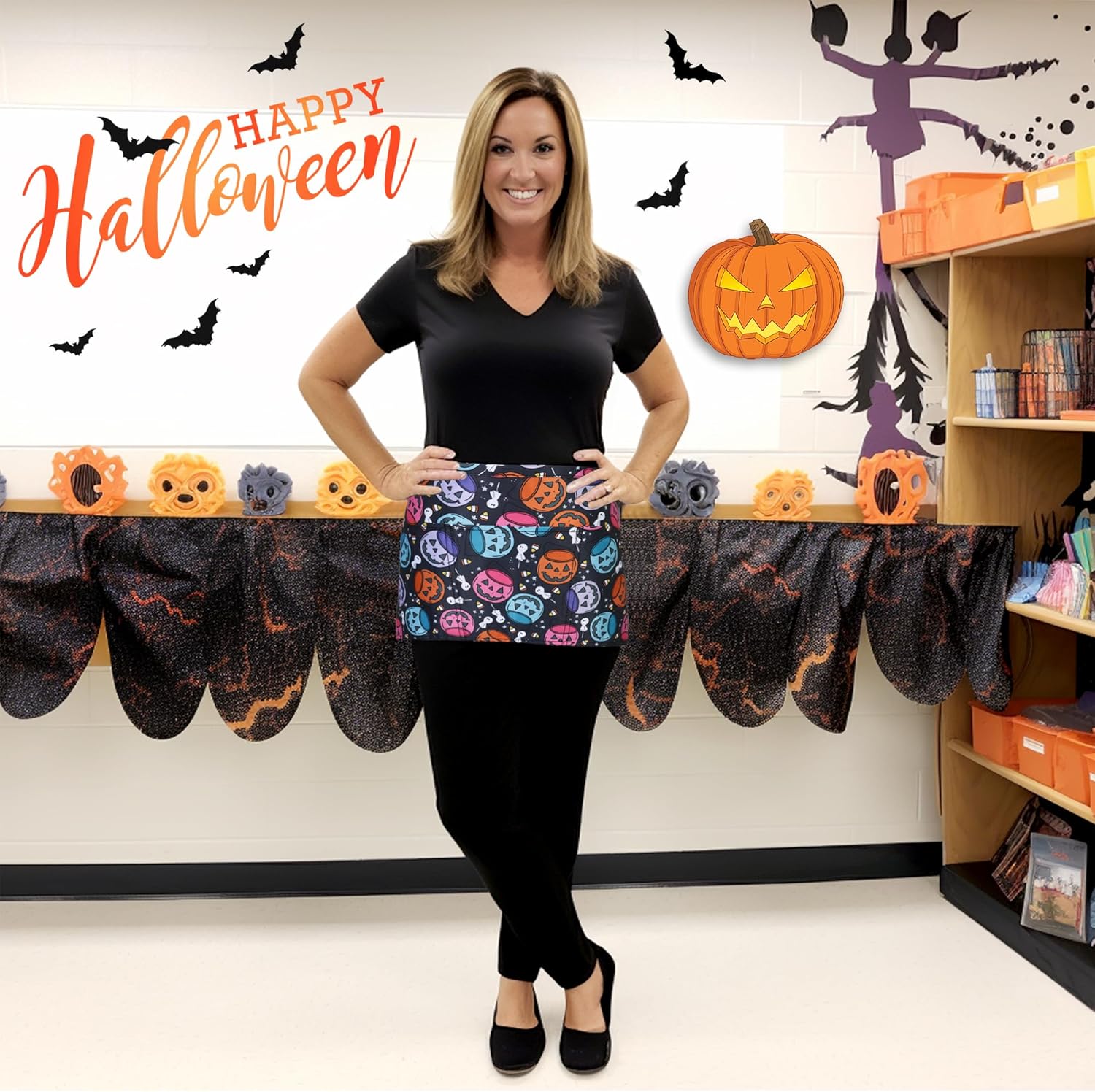 Delantal de cintura de Halloween con bolsillos, medio delantal de calabaza para mujer, camarera, servidor, profesor, cocina, Varios colores
