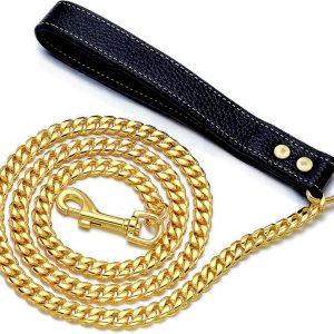 Correa de cadena para perro de 3 pies y 4.3 pies, acero inoxidable de oro de 18 quilates, correa para perro de 0.472 in con cómodo mango de cuero Correa de cadena para perro de 3 pies y 4.3 pies, acero inoxidable de oro de 18 quilates, correa para perro de 0.472 in con cómodo mango de cuero