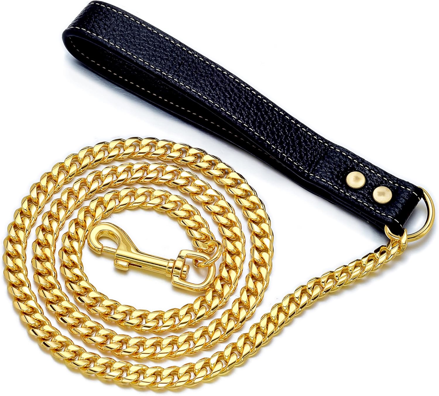 Correa de cadena para perro de 3 pies y 4.3 pies, acero inoxidable de oro de 18 quilates, correa para perro de 0.472 in con cómodo mango de cuero