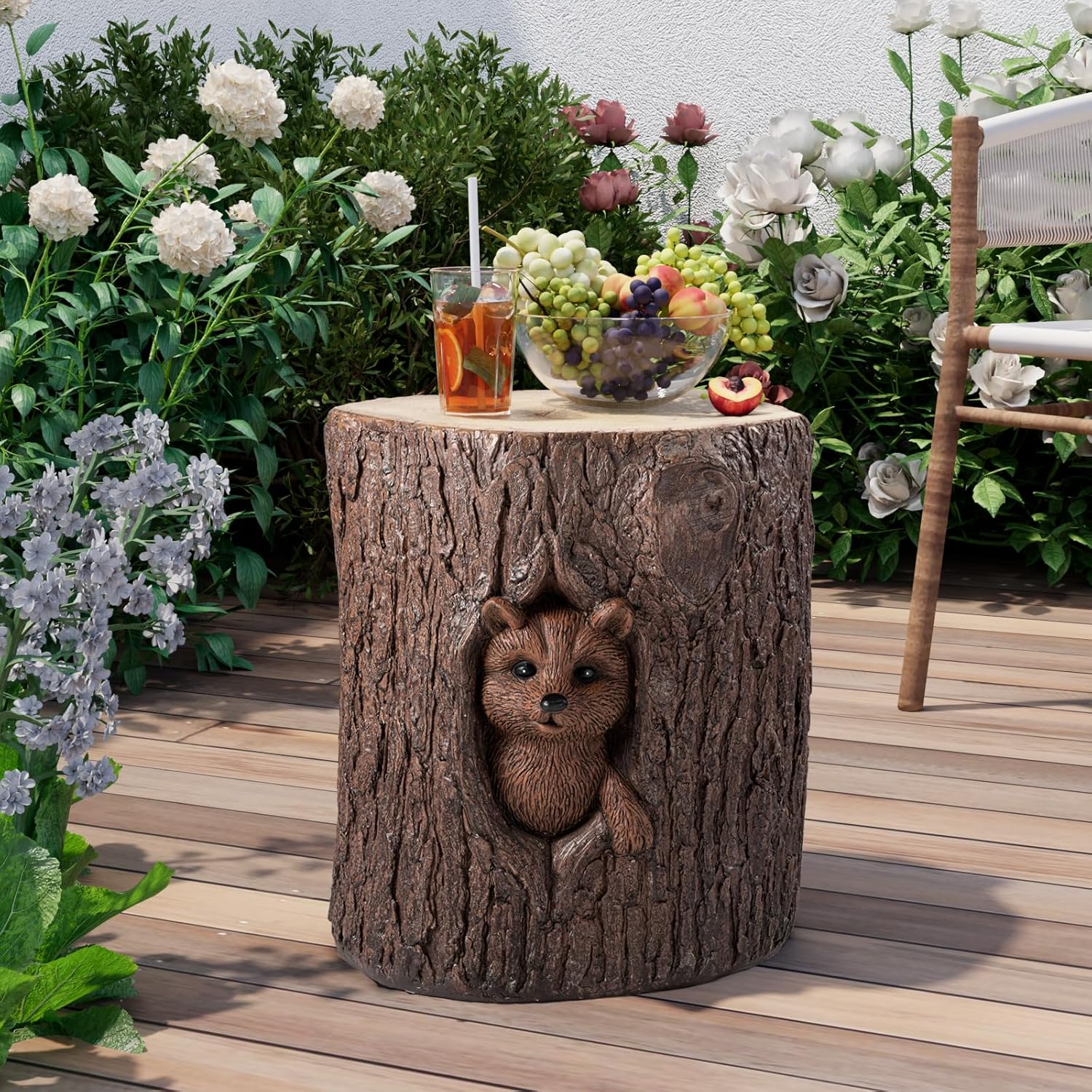 COSIEST Mesa auxiliar para exteriores, madera sintética, taburete de madera pintada a mano con mapache esculpido, mesa decorativa al aire libre,