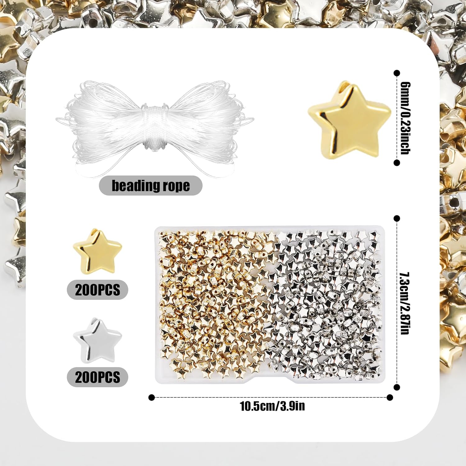 Kit de 400 cuentas espaciadoras de estrella, cuentas en forma de estrella de 0.23 pulgadas con cuerda de cuentas, accesorios para hacer pulseras,