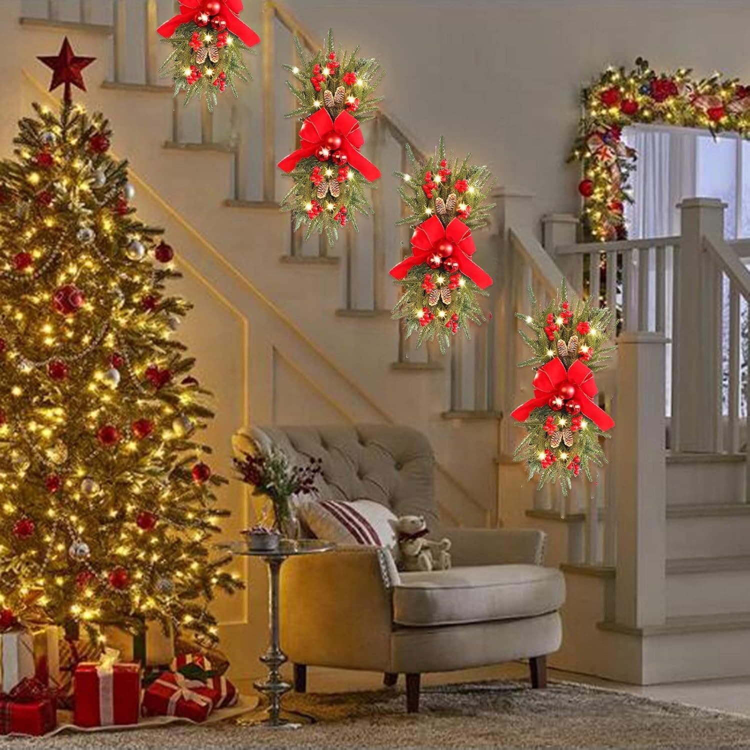 Guirnalda de escaleras de Navidad preiluminada, guirnalda de Navidad, el borde de escalera preiluminado inalámbrico, coronas de Navidad para puerta