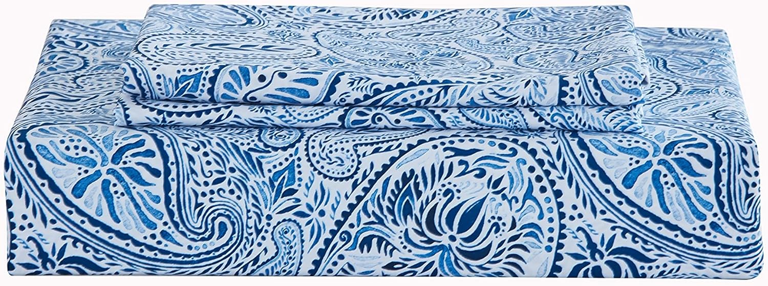 CASA BOLAJ DESIGNED TO DREAM Juego de funda de edredón con estampado retro de 2 piezas, estampado de cachemira, azul y blanco (cachemira, individual)