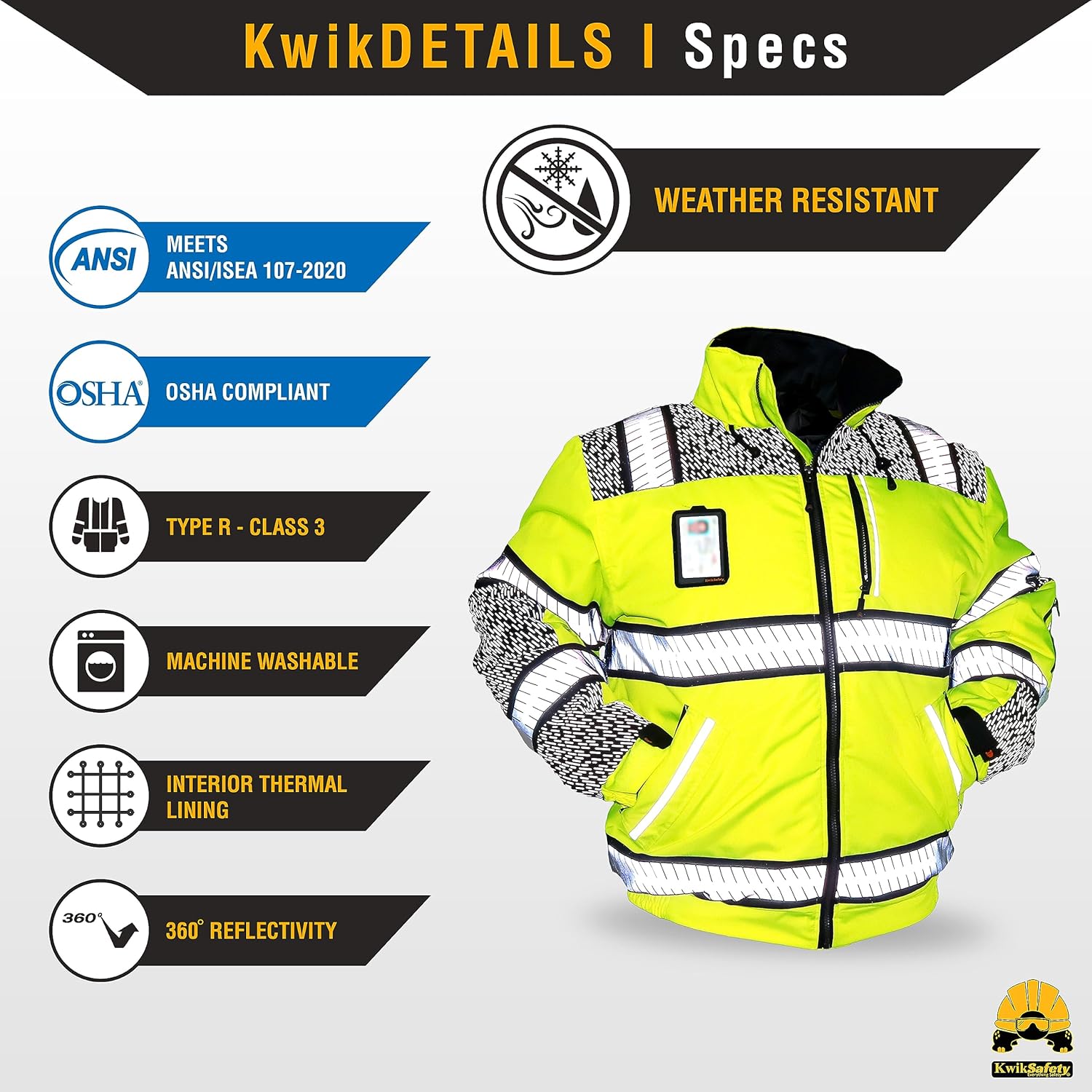 KwikSafety Chaqueta de seguridad ENFORCER, UNIVERSE & MARSHAL bolsillo para identificación y capucha plegable Clase 3 Probado por ANSI Cumple con