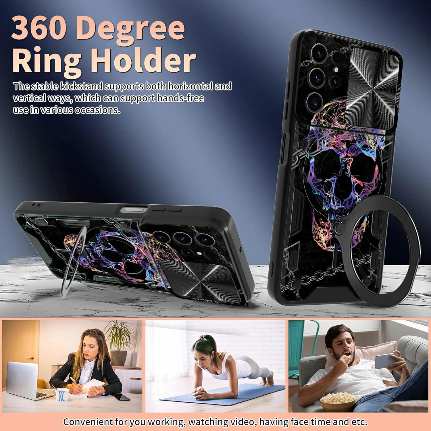 Funda para Samsung Galaxy S22 Ultra Kickstand con protector de pantalla, cubierta deslizante para cámara integrada con soporte de anillo giratorio