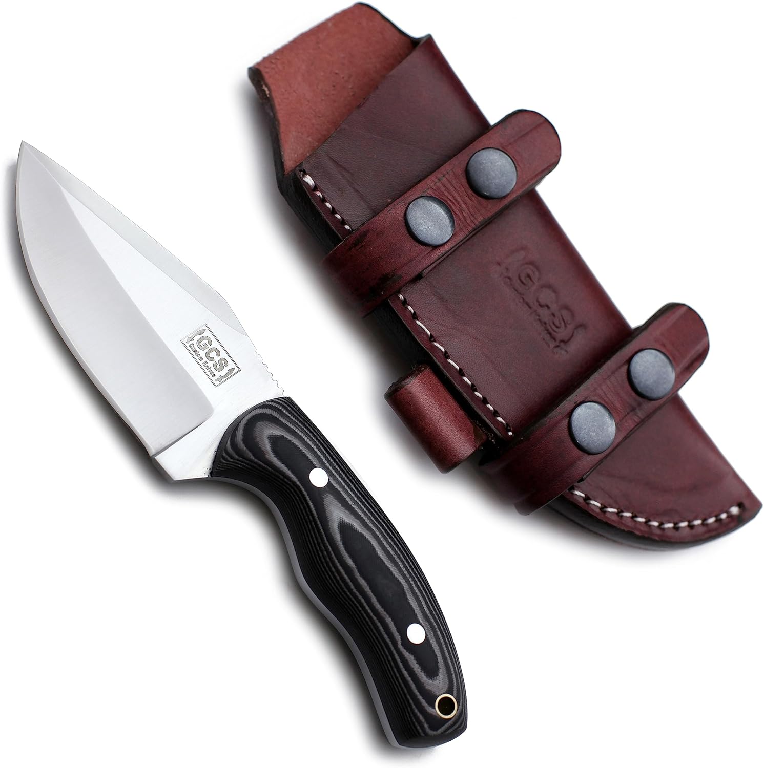 GCS – Cuchillo de caza táctico de acero hecho a mano D2 con funda de cuero y mango de espiga completa diseñado para caza y campamento y EDC GCS 762