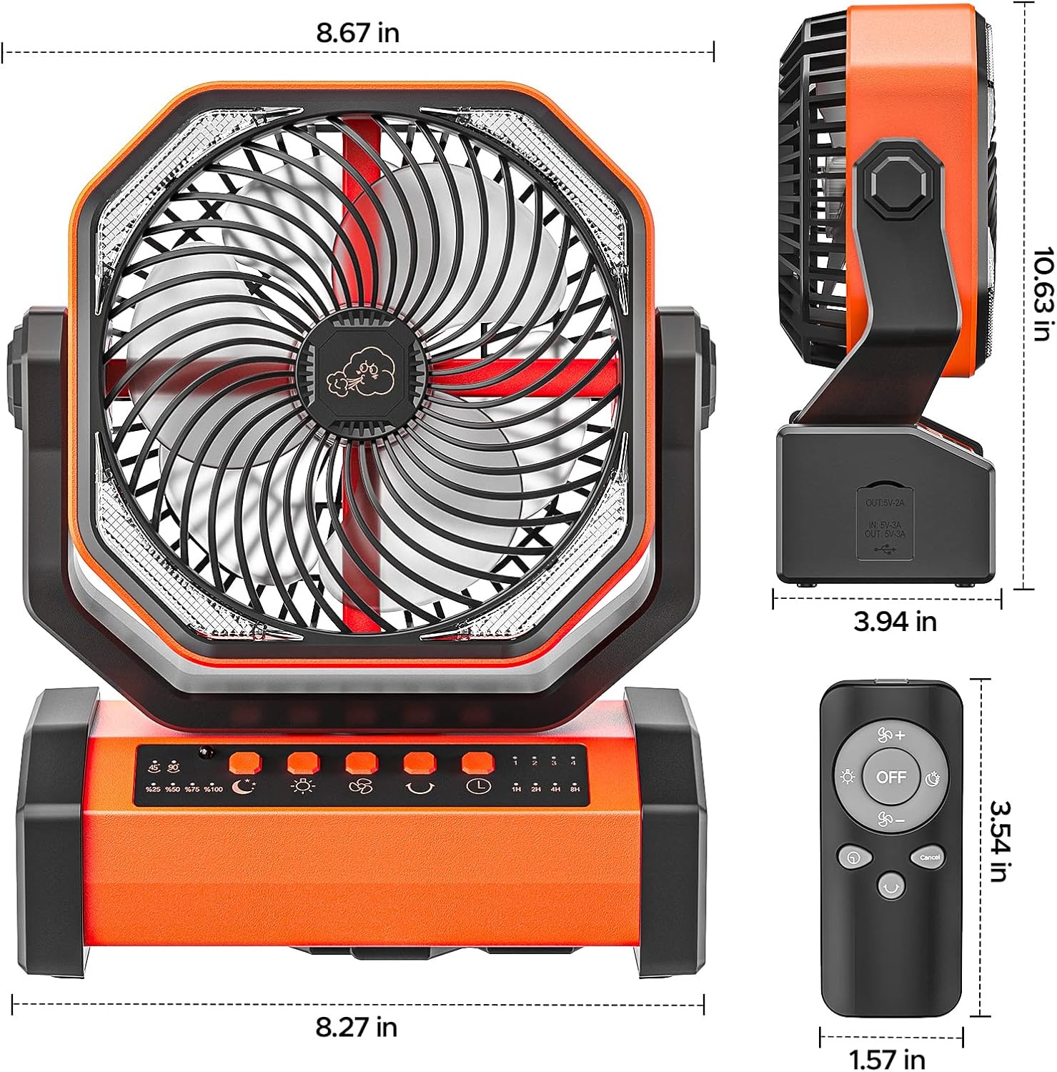 Green Box Innovations Ventilador oscilante automático de 20000 mAh, ventilador de campamento recargable con linterna LED y gancho, adecuado para