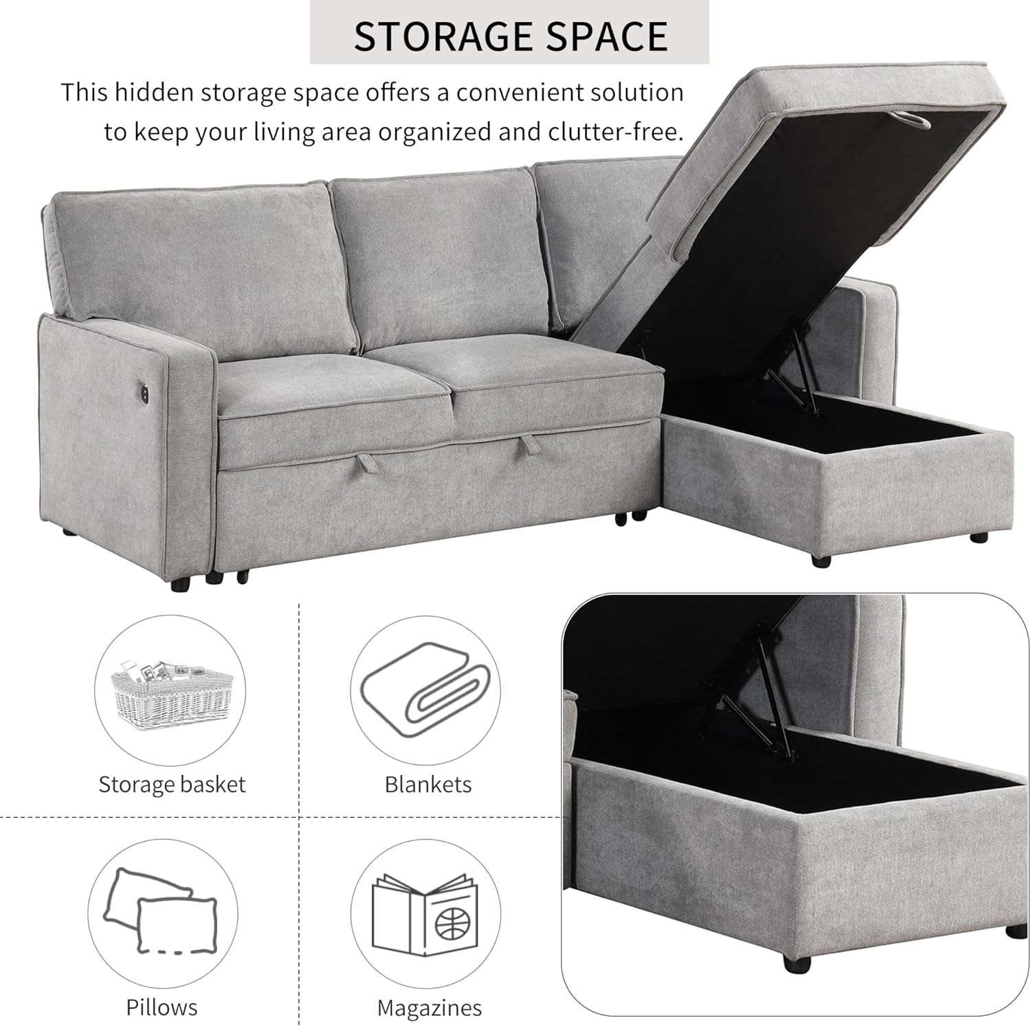JULYFOX Sofá cama seccional L con diván de almacenamiento, sofá modular esquinero de color gris con portavasos oculto, 2 puertos USB de 89 pulgadas