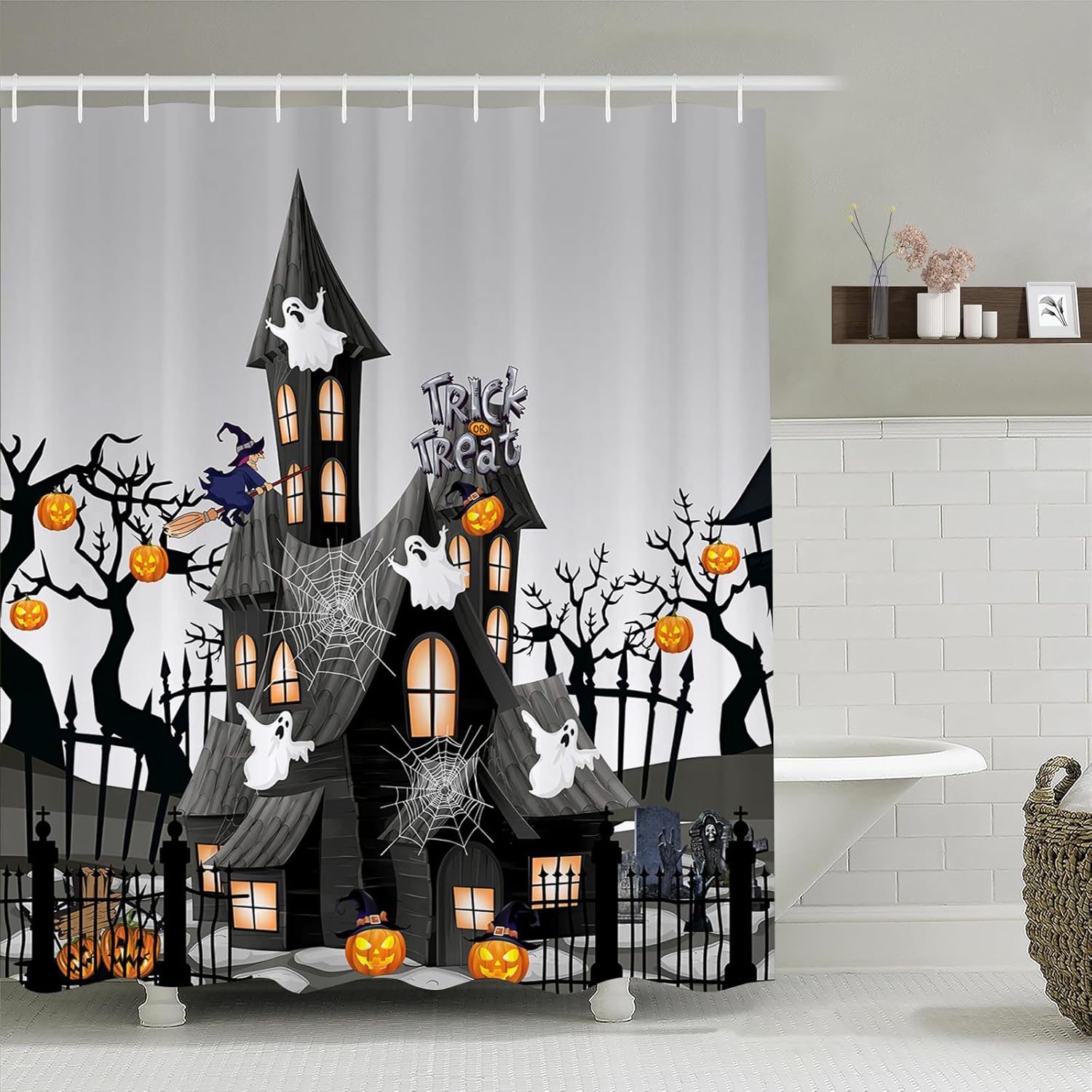 ARESD Cortina de ducha de Halloween para baño, cortina de baño de tela de araña, tela de poliéster, impermeable, decoración de Halloween, con 12