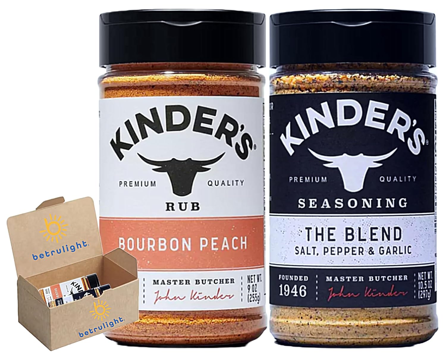 Kinders The Blend Seasoning and Bourbon Peach es libre de gluten, sin OMG y sin adición MSG Kinder Sal, pimienta y ajo  10.5 onzas paquete de 2