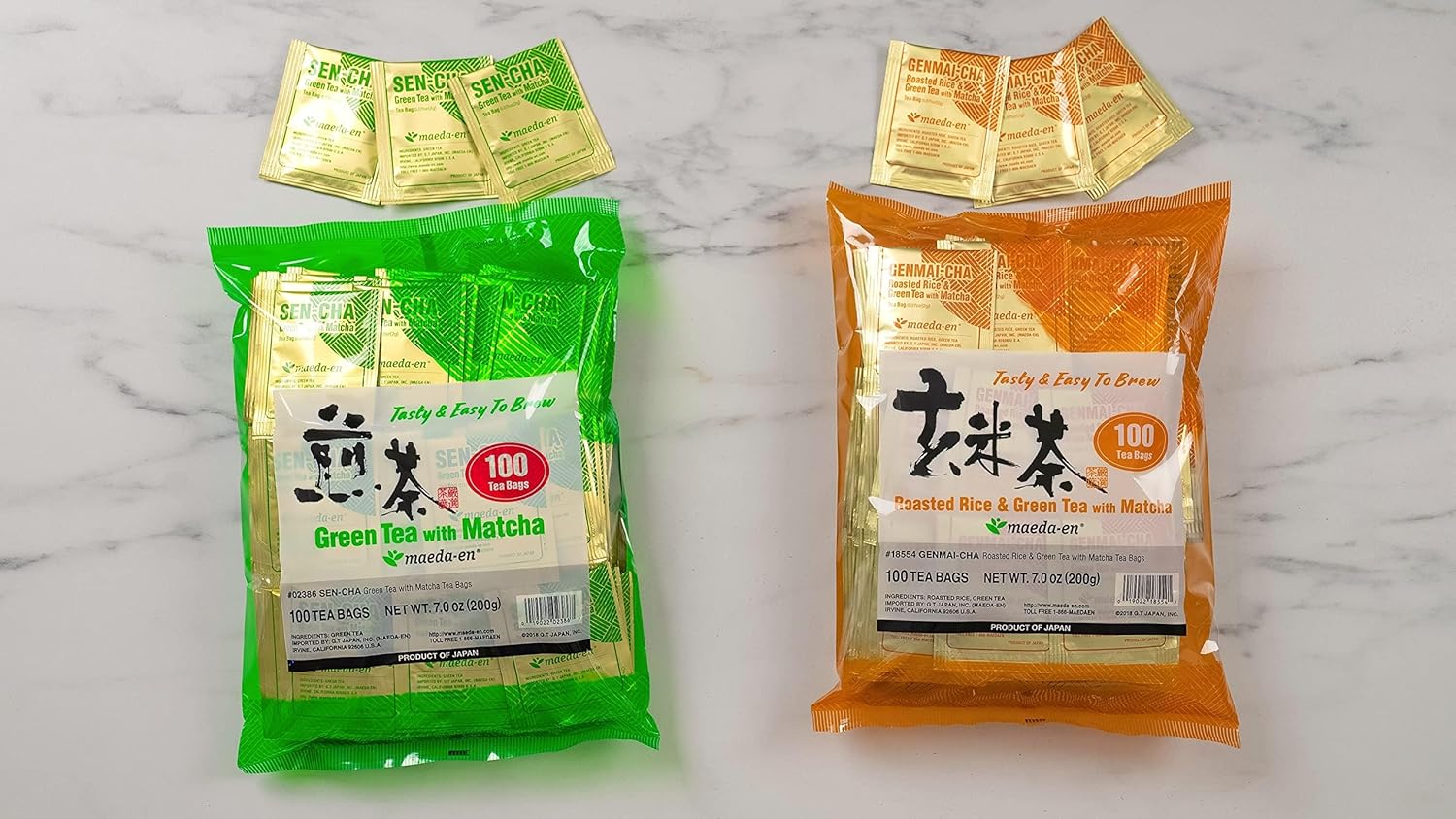 MAEDA-EN Sen-cha con verde matcha, 100 bolsitas de té en polvo de origen japonés, hojas de té verde envueltas individualmente, 02386 1 paquete