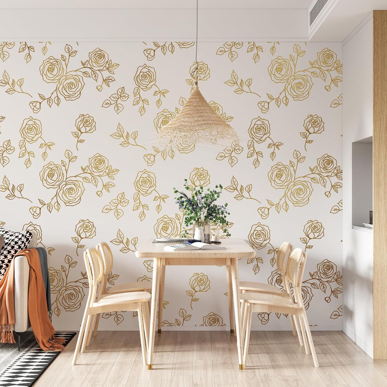 Amiya Papel tapiz de flores para despegar y pegar, papel tapiz bohemio dorado y blanco, renovación de dormitorios, armarios, etc. Papel tapiz de