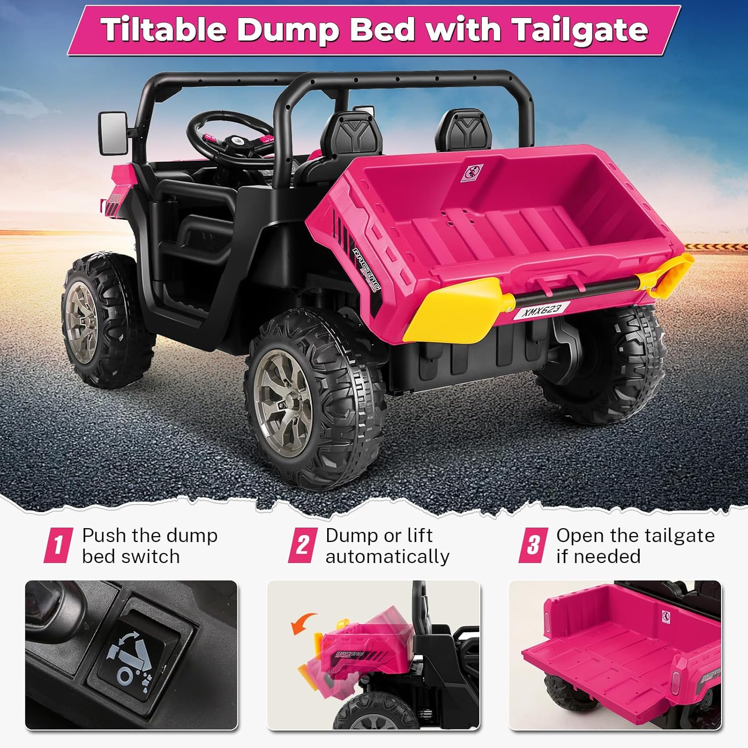 Hikole Camión volquete de 24 V, UTV infantil de 2 plazas con cama eléctrica de volquete, control remoto, reproductor de música, potente motor de 2 x