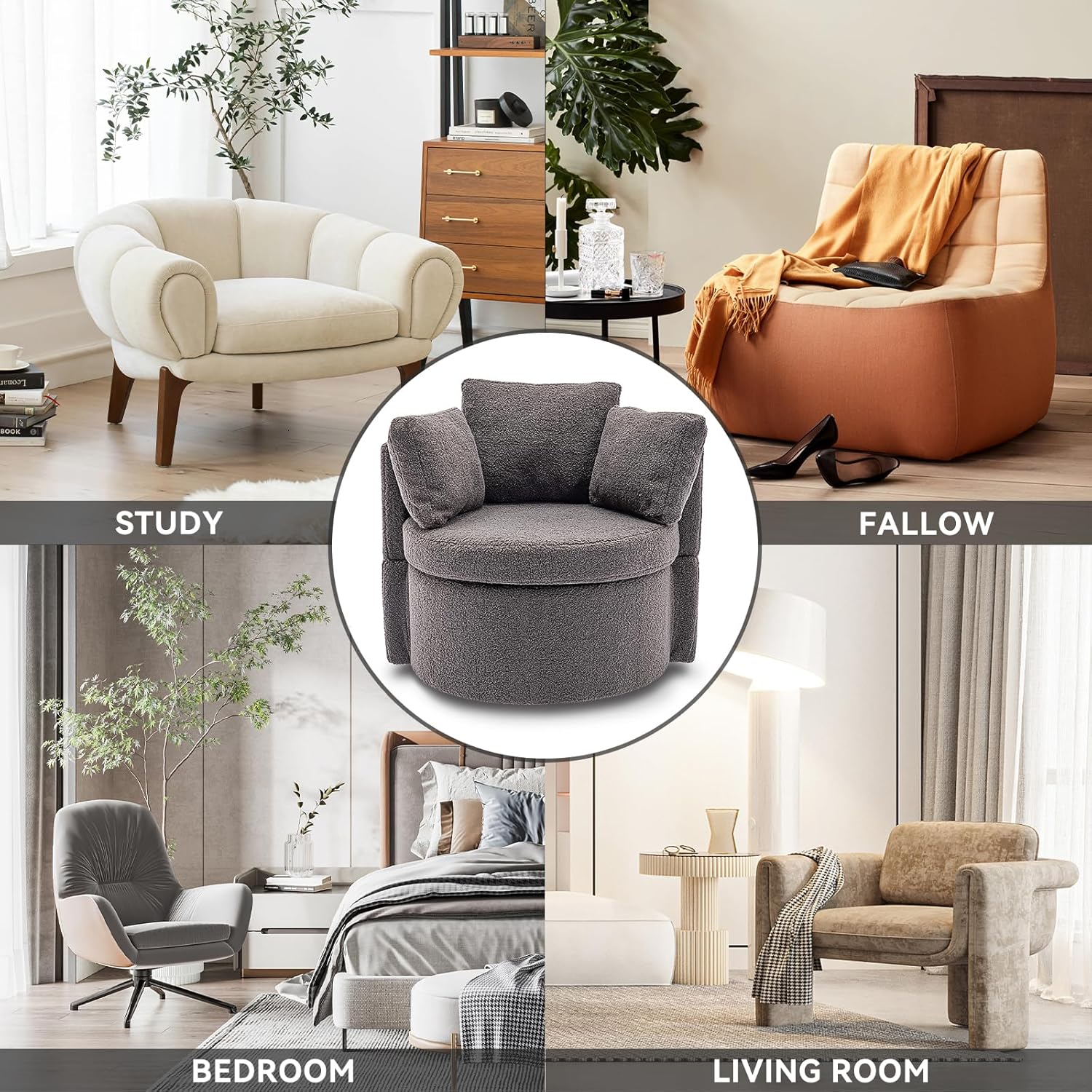 Silla giratoria con diseño de barril de acento moderno, tapizado, de gran tamaño, para sala de estar, club, ocio, silla redonda con 3 almohadas para