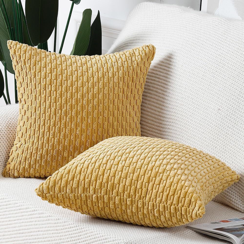 MADIZZ Juego de 2 fundas de almohada de pana bohemia a rayas de 18 x 18 pulgadas, color amarillo, suave, decorativas, para dormitorio, sofá