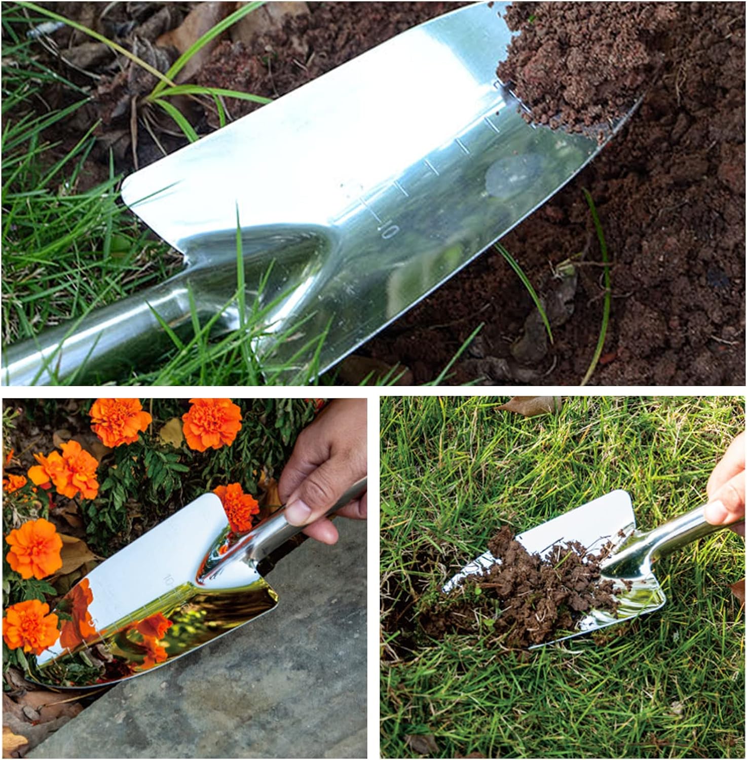 Pala de jardín Palas de mano, herramientas de jardinería de acero inoxidable para trasplante de deshierbe mover y alisar excavación plantación (2)