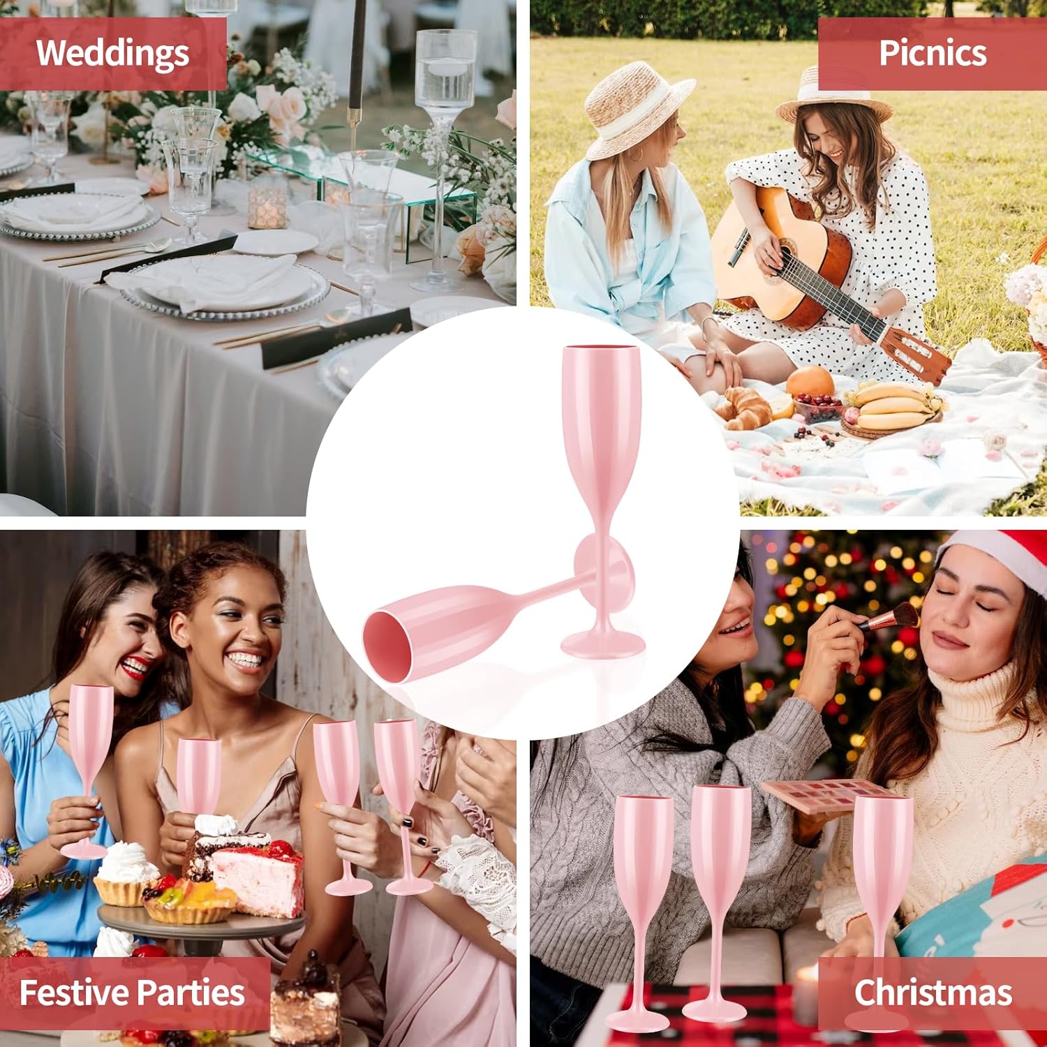 12 copas de champán rosa, cristalería de boda, copas de vino de plástico para beber champán, copas de vino rosa, agua de oro rosa para decoraciones
