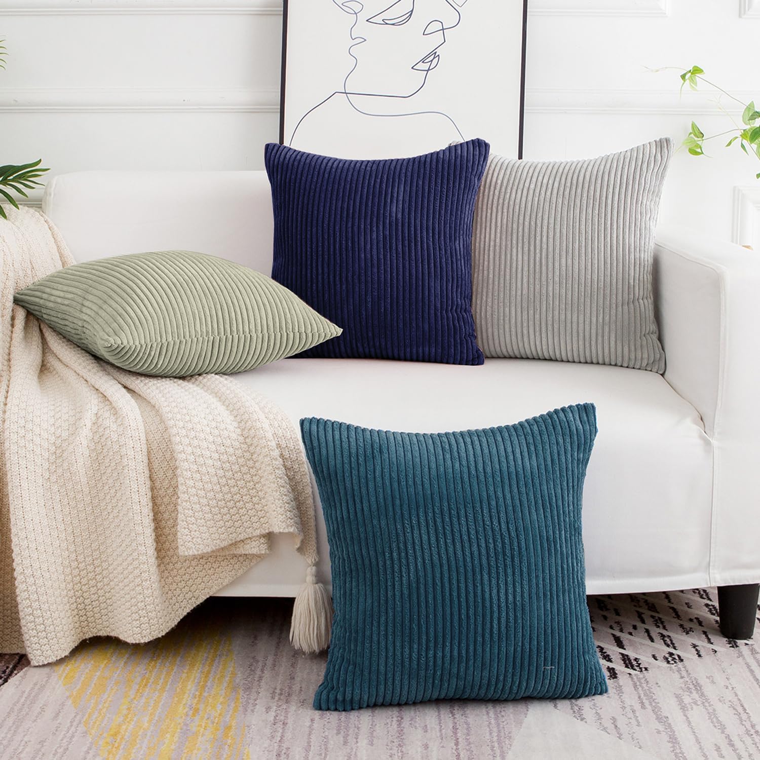 Softalker Juego de 4 fundas de almohada de pana suave a rayas sólidas, 18 x 18 pulgadas, decoración moderna para sofá, dormitorio, sala de estar