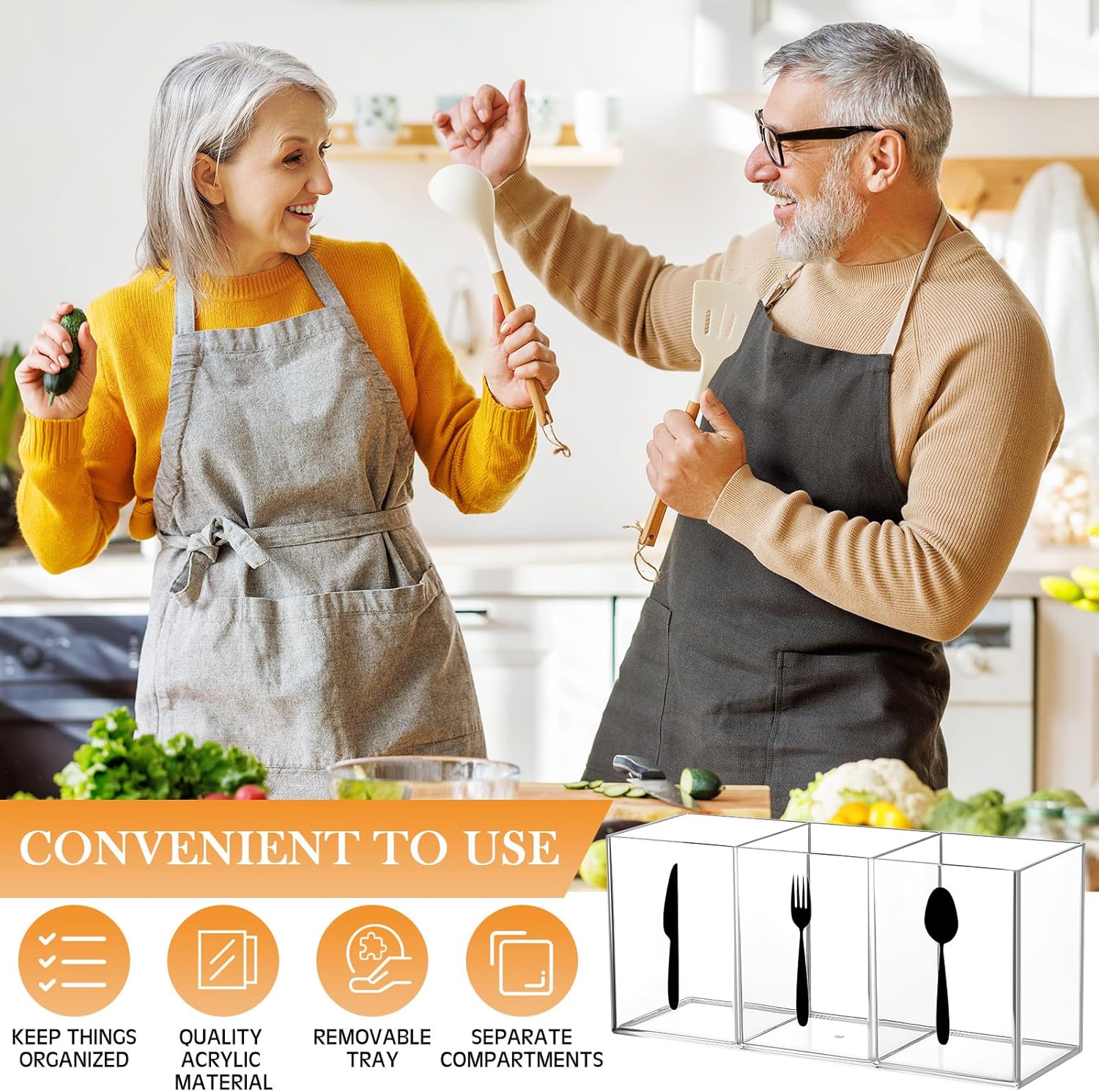 Organizador de almacenamiento de cubiertos de acrílico transparente, organizador de cubiertos para encimera, soporte para cucharas y tenedores, caja