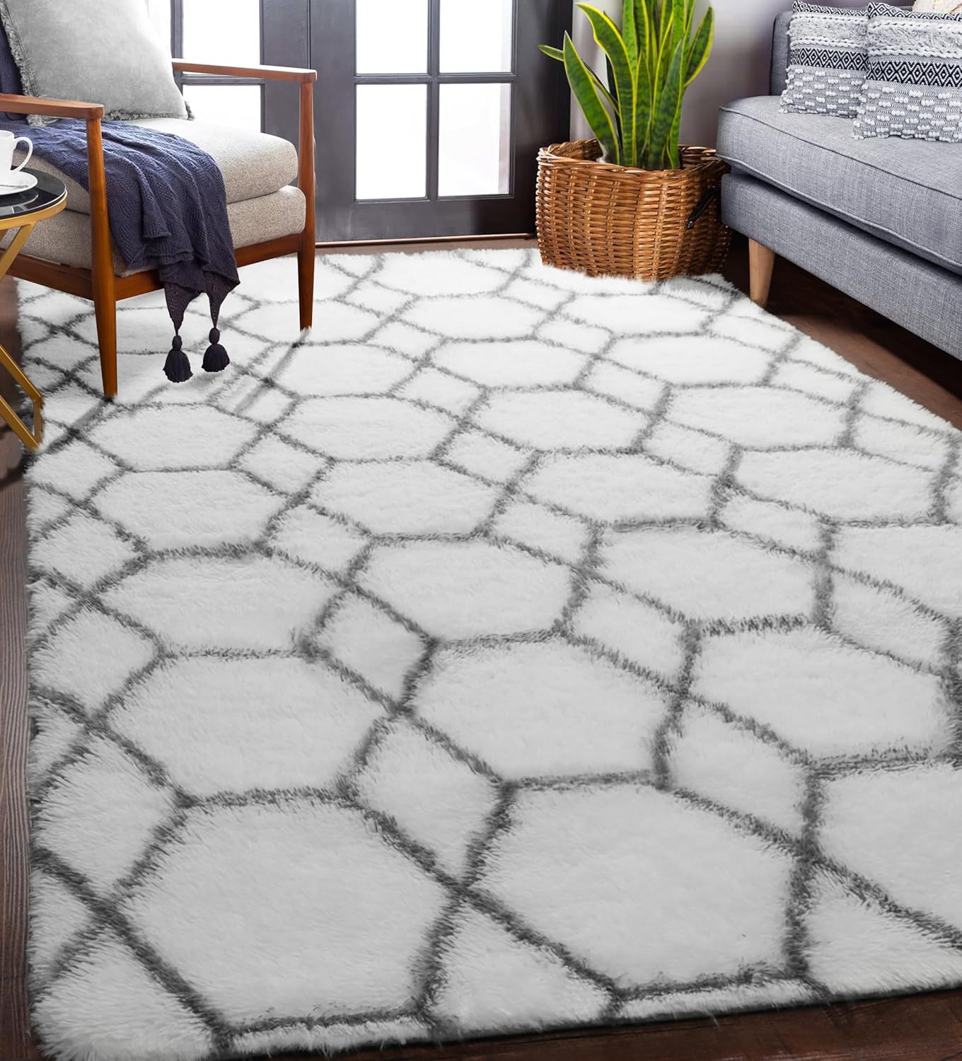 ONASAR Alfombra geométrica para dormitorio, sala de estar, alfombra blanca y gris, alfombra marroquí peluda para sala de juegos, oficina,