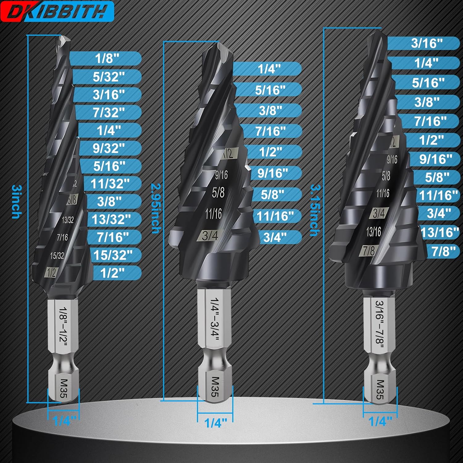 Juego de brocas escalonadas de 3 piezas para madera de metal de 18 a 78 pulgadas, 4 flautas en espiral, unibits de cobalto M35 HSS, vástago