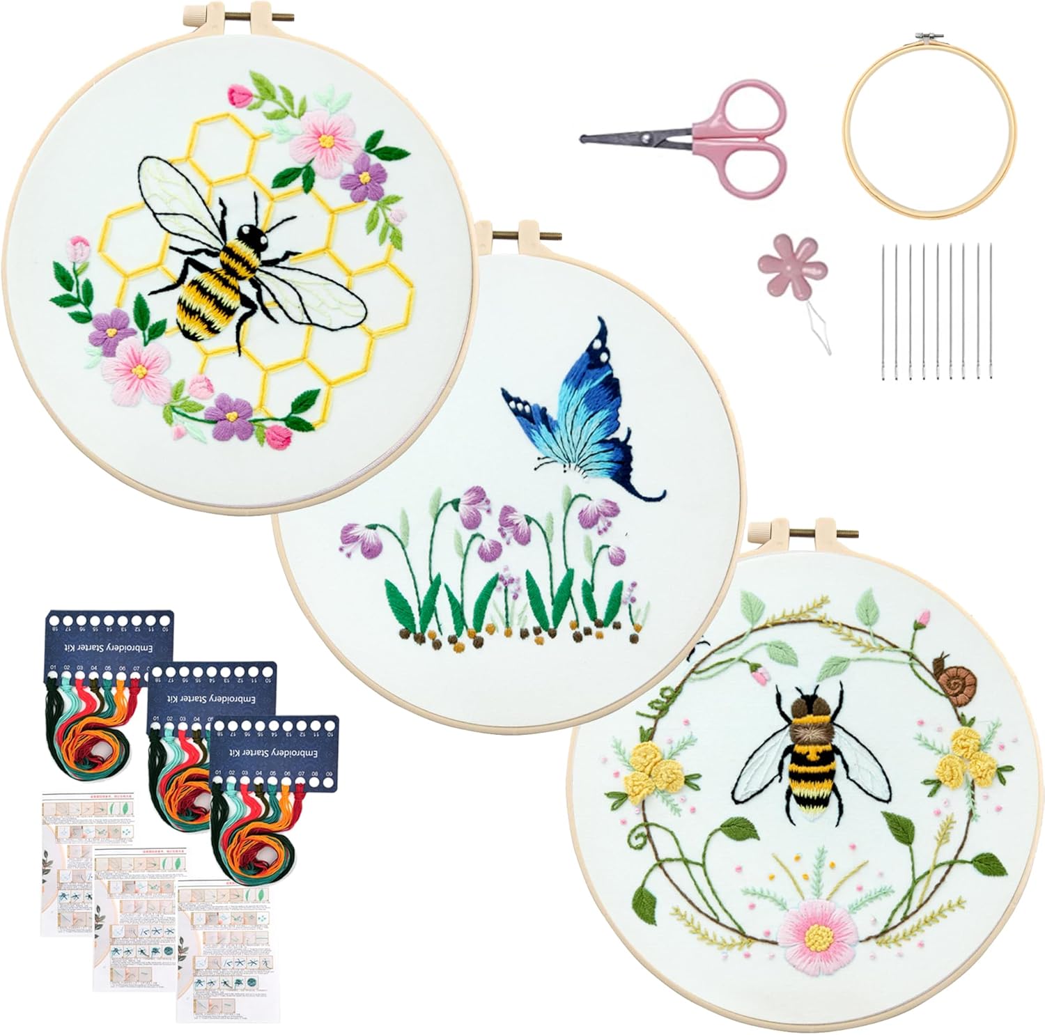 Maydear Paquete de 3 kits de bordado de abeja y mariposa para adultos principiantes con patrón, kits de punto de cruz estampado con aro de bordado e