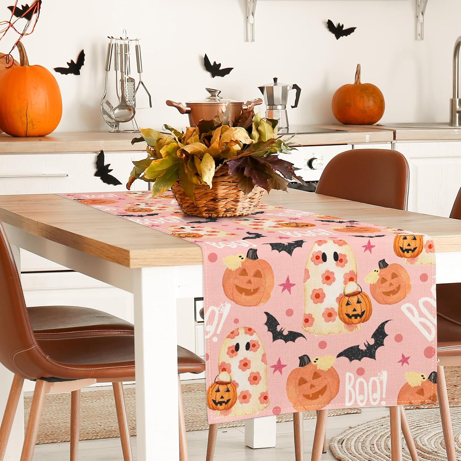 AnyDesign Camino de mesa de Halloween de color rosa, fantasma, calabaza, cubierta de mesa de cocina, comedor, decoración de mesa de Halloween,