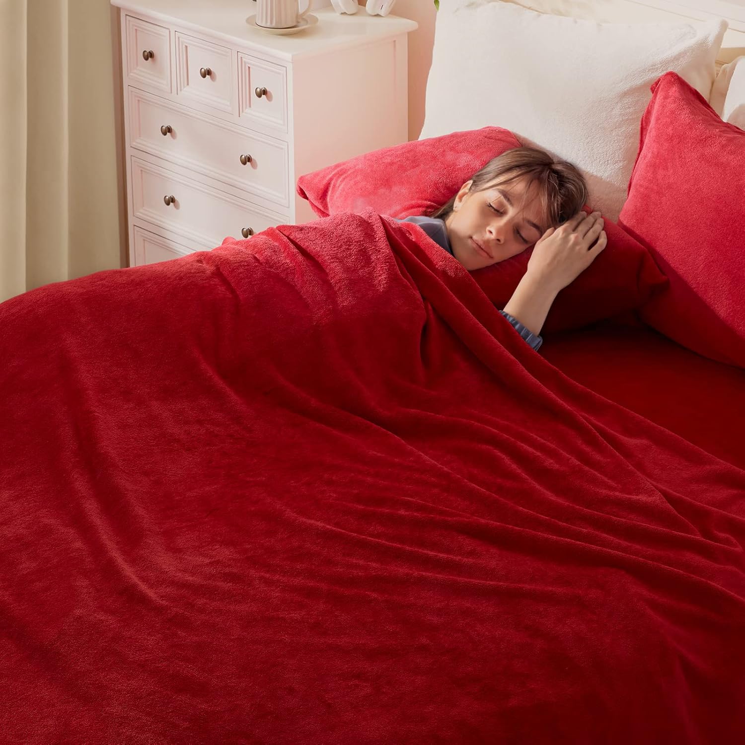 BYSURE Sábanas de franela de doble cara (tamaño matrimonial, rojo), sábanas de microfibra aterciopelada de 4 piezas de 15 pulgadas, ropa de cama de