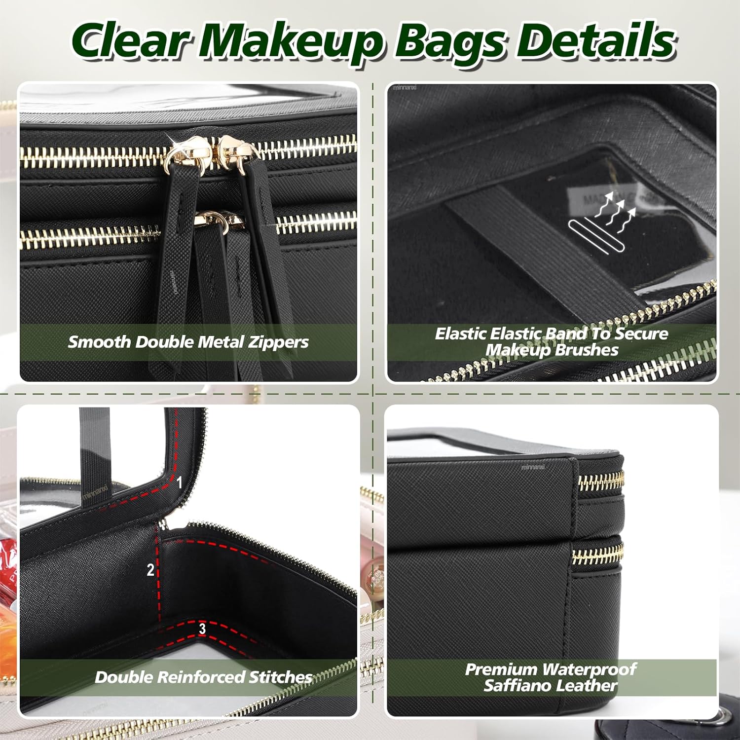 Minnanxi Neceser organizador de maquillaje transparente, doble cremallera, bolsa de cosméticos para viajar con impermeable y gran capacidad, bolsa