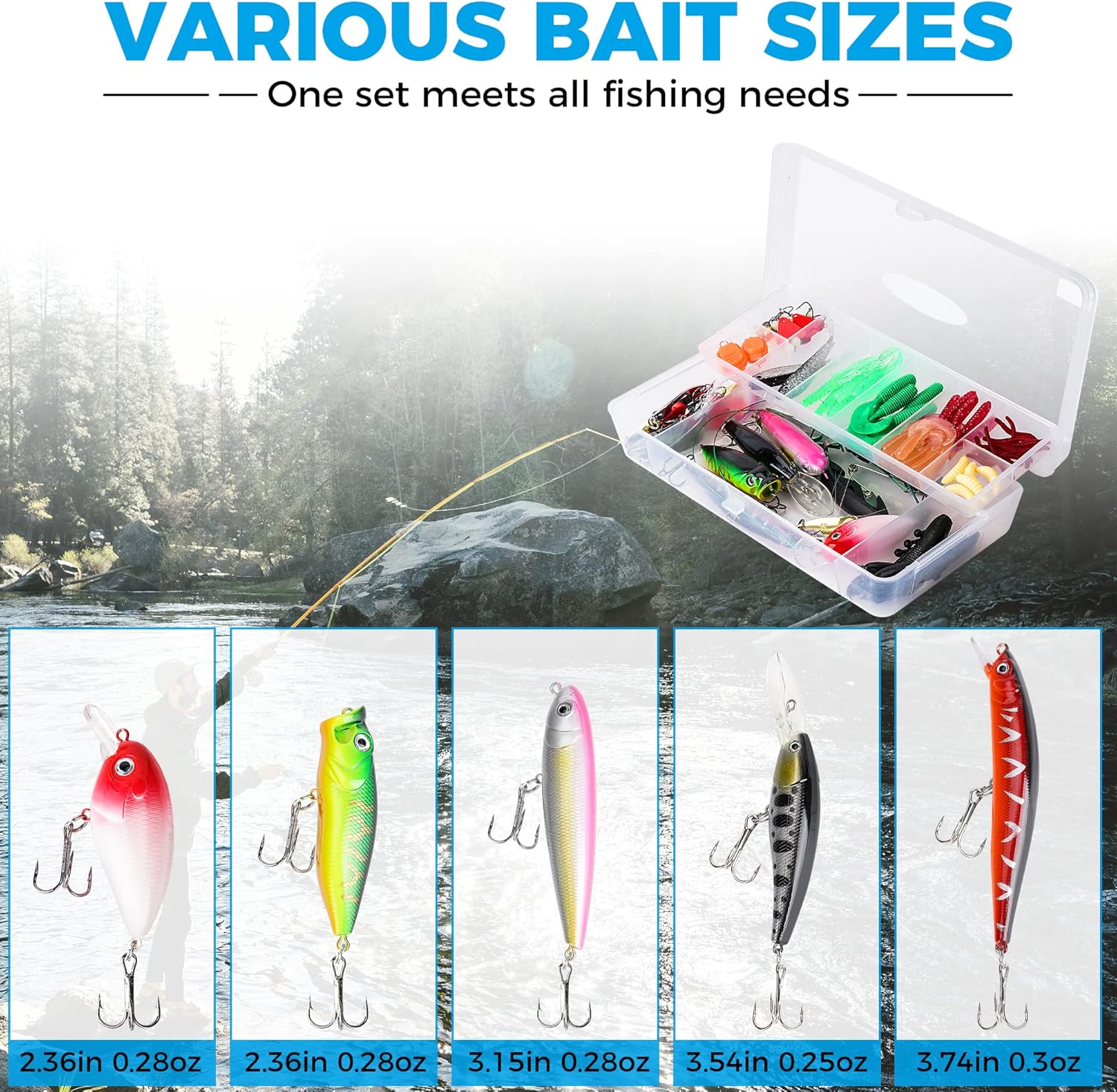 Winshall Fishing Lures Tackle Baits Kit for Freshwater Fishing Tackle Box with Tackle Included Metal Lures Soft Bait Plastic Worms Fishing Gear and