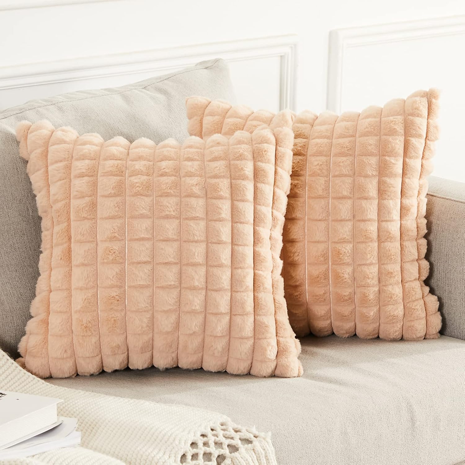Juego de 2 fundas de almohada de felpa de piel sintética de 18 x 18 pulgadas, fundas de almohada cuadradas decorativas a cuadros, suave, mullida,