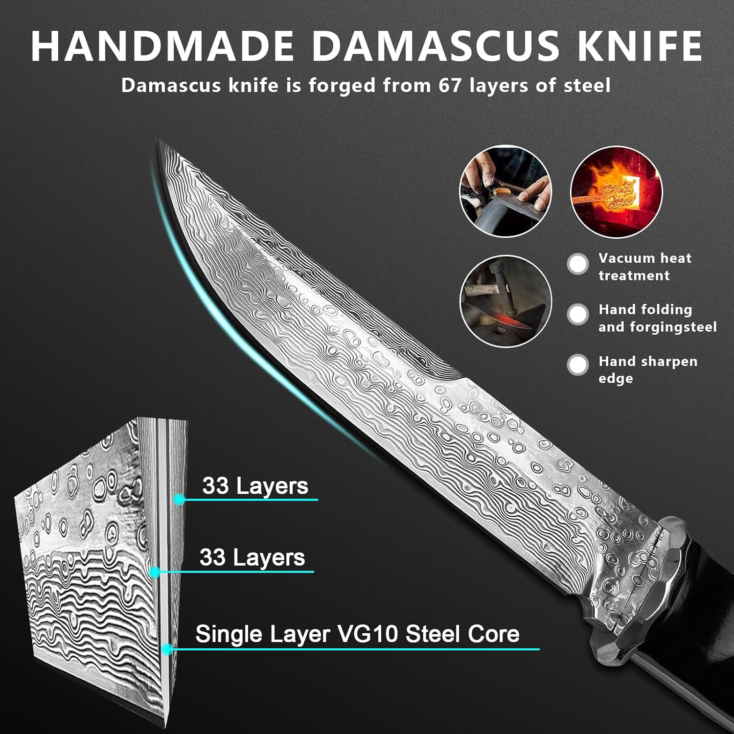 MADSABRE Cuchillo de supervivencia de Damasco de hoja fija de 9.4 pulgadas, cuchillo de supervivencia de Damasco VG10 Core Damasco japonés con funda