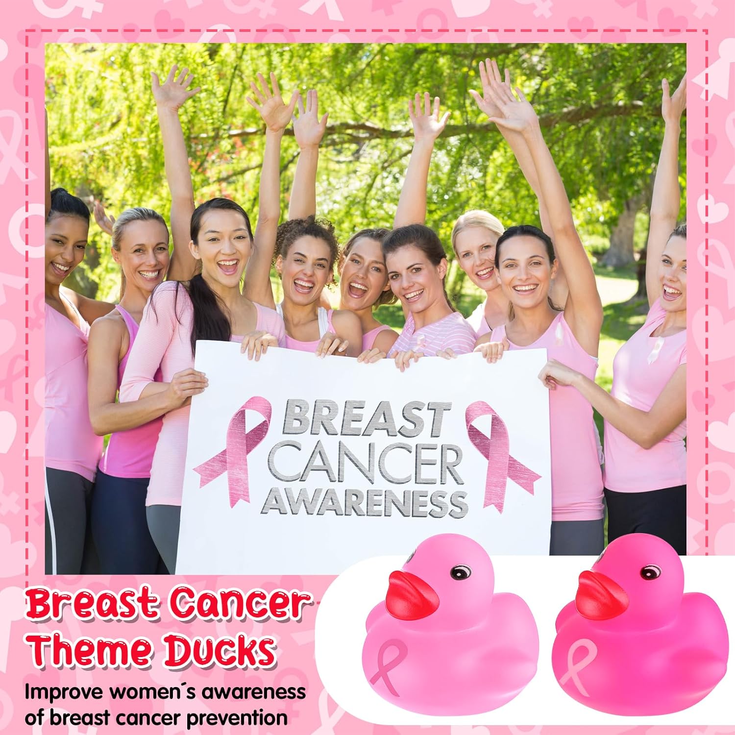 Deekin 100 patos de goma a granel con cinta rosa, patos de baño, concienciación sobre el cáncer de mama, mini patos de 1.57 pulgadas, flotador de