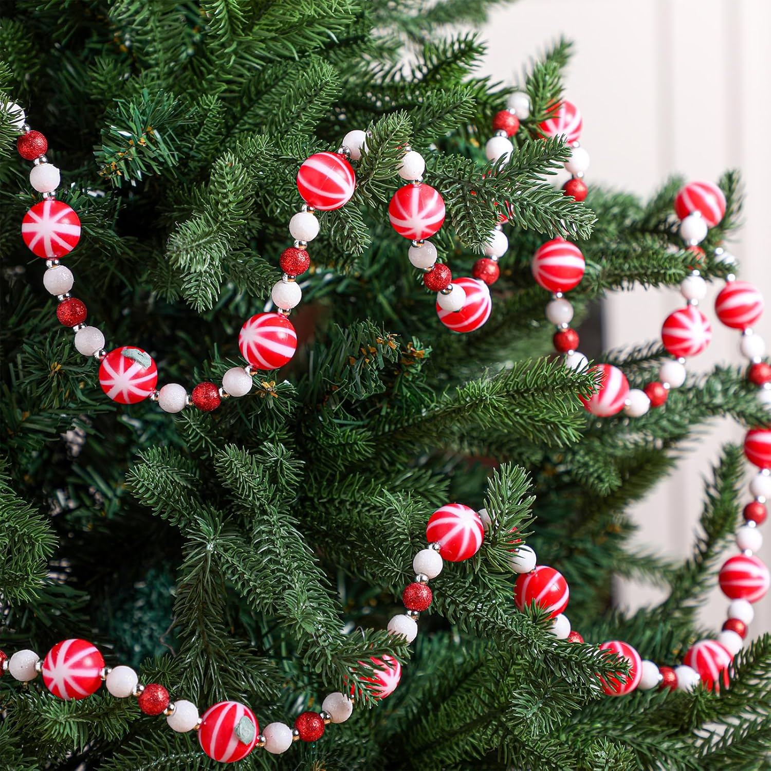 Guirnalda de bastones de caramelo de Navidad de 8.8 pies, con diseño de remolino, rojo y blanco, guirnalda de cuentas de Navidad, guirnalda de