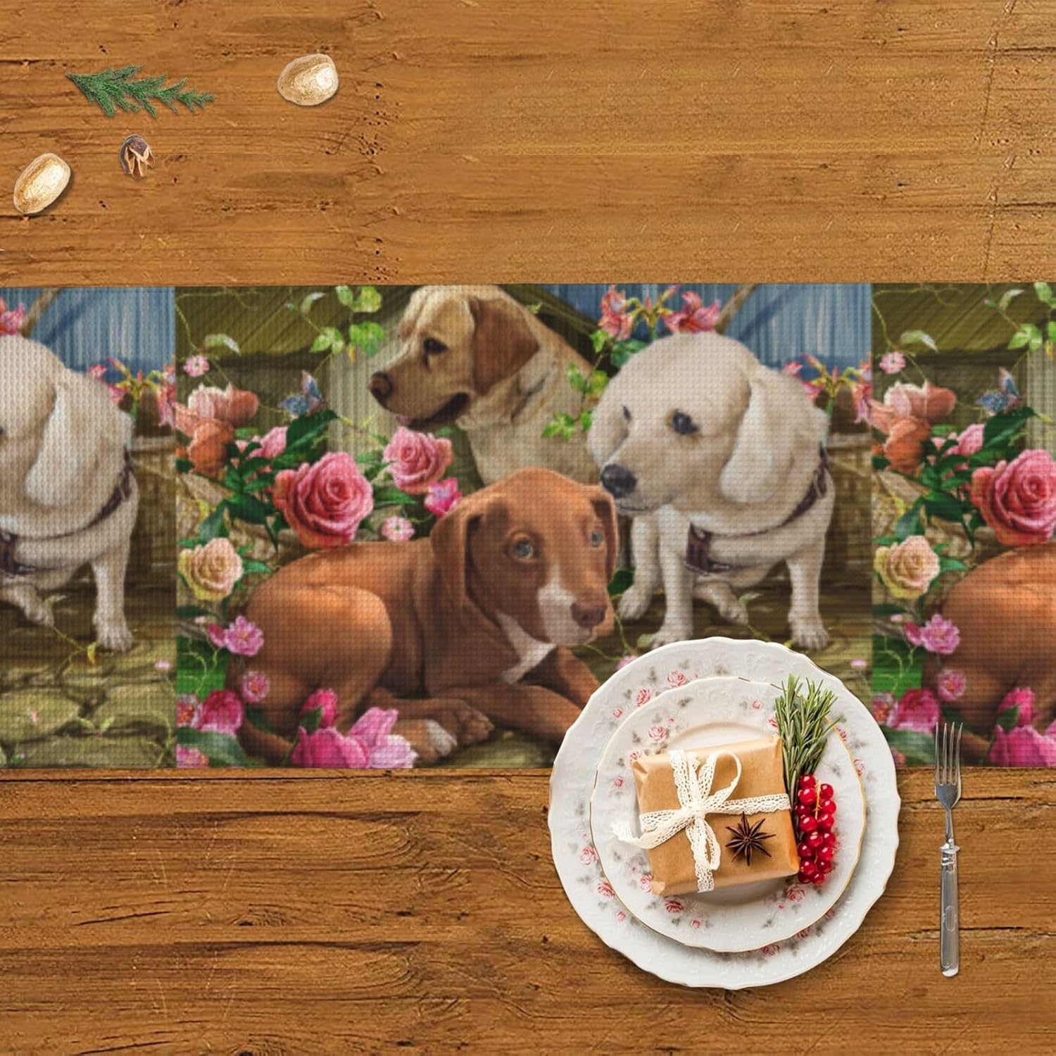 Camino de mesa de Navidad con perros lindos para decoración de mesa de comedor, decoración de Navidad para interiores, decoración del hogar, caminos