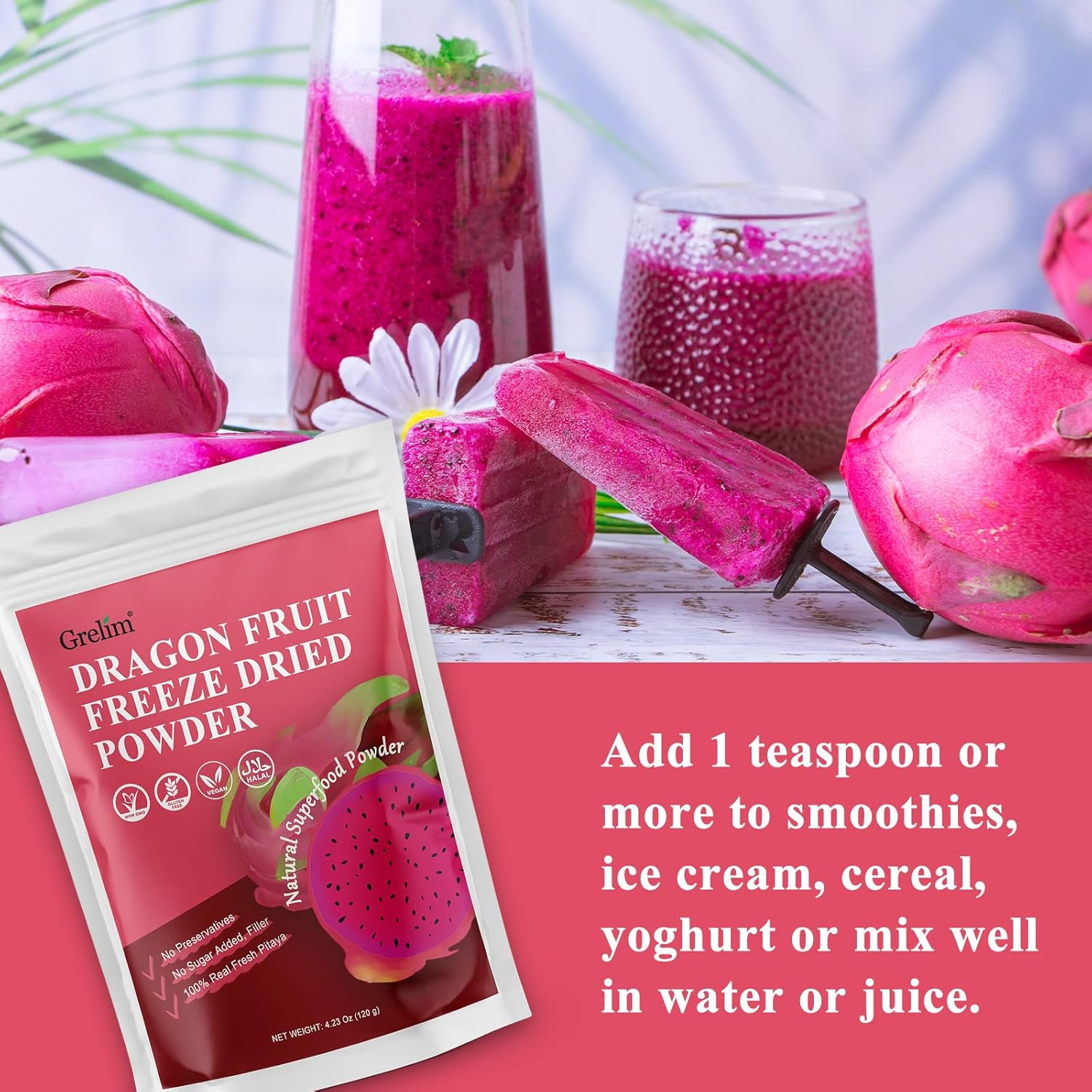 GRELIM Polvo de fruta del dragón 4.23 onzas, polvo de pitaya liofilizado, polvo de pitaya de fruta del dragón para batido 4.23 oz