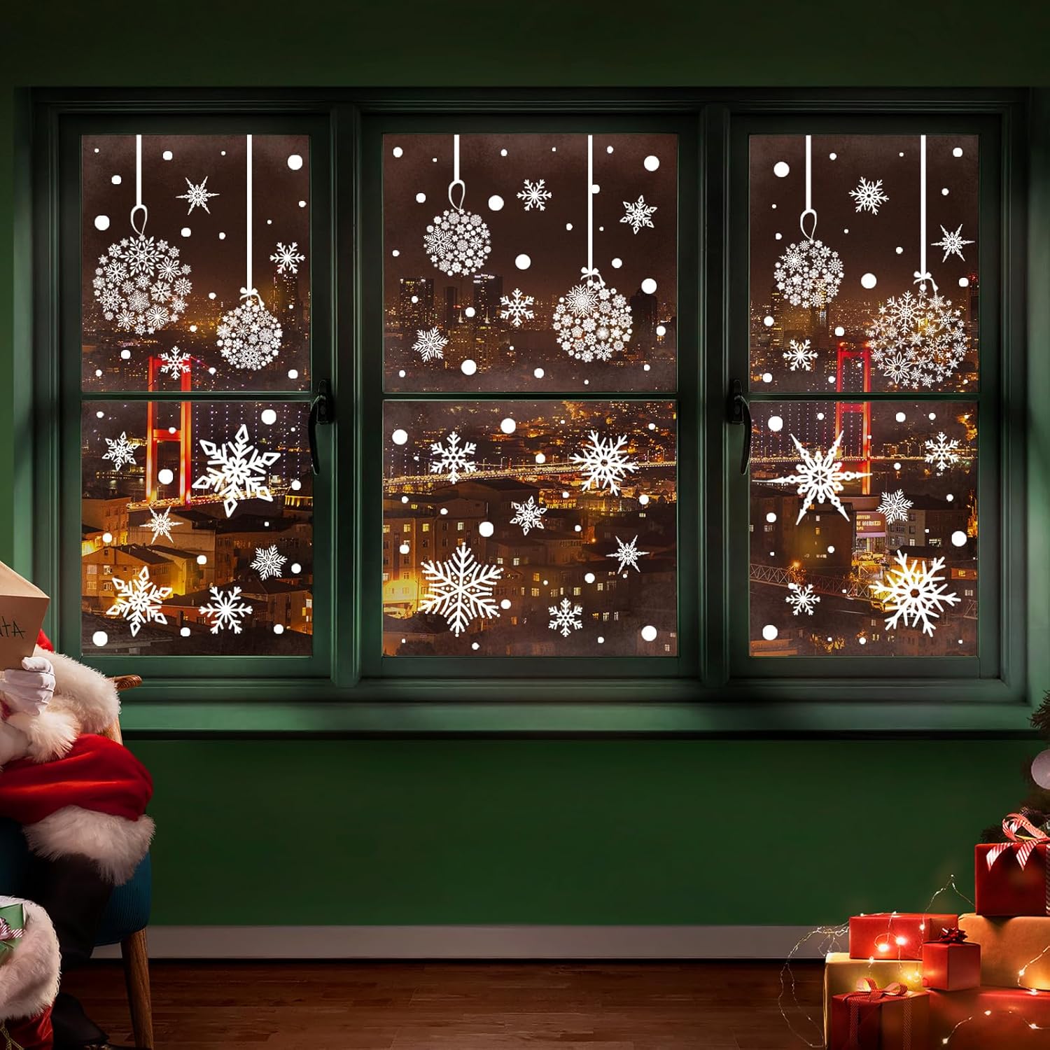 AnyDesign 9 hojas de calcomanías navideñas para ventana, diseño de copo de nieve, calcomanías de doble cara para decoración de ventanas de Navidad,