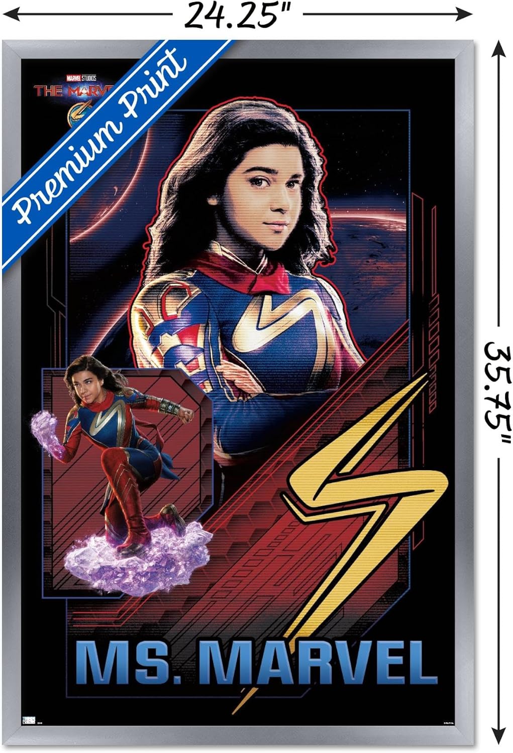 Trends International Marvel The Marvels – Póster de pared de Ms. Marvel, 22.37 x 34.00 pulgadas, versión enmarcada plateada