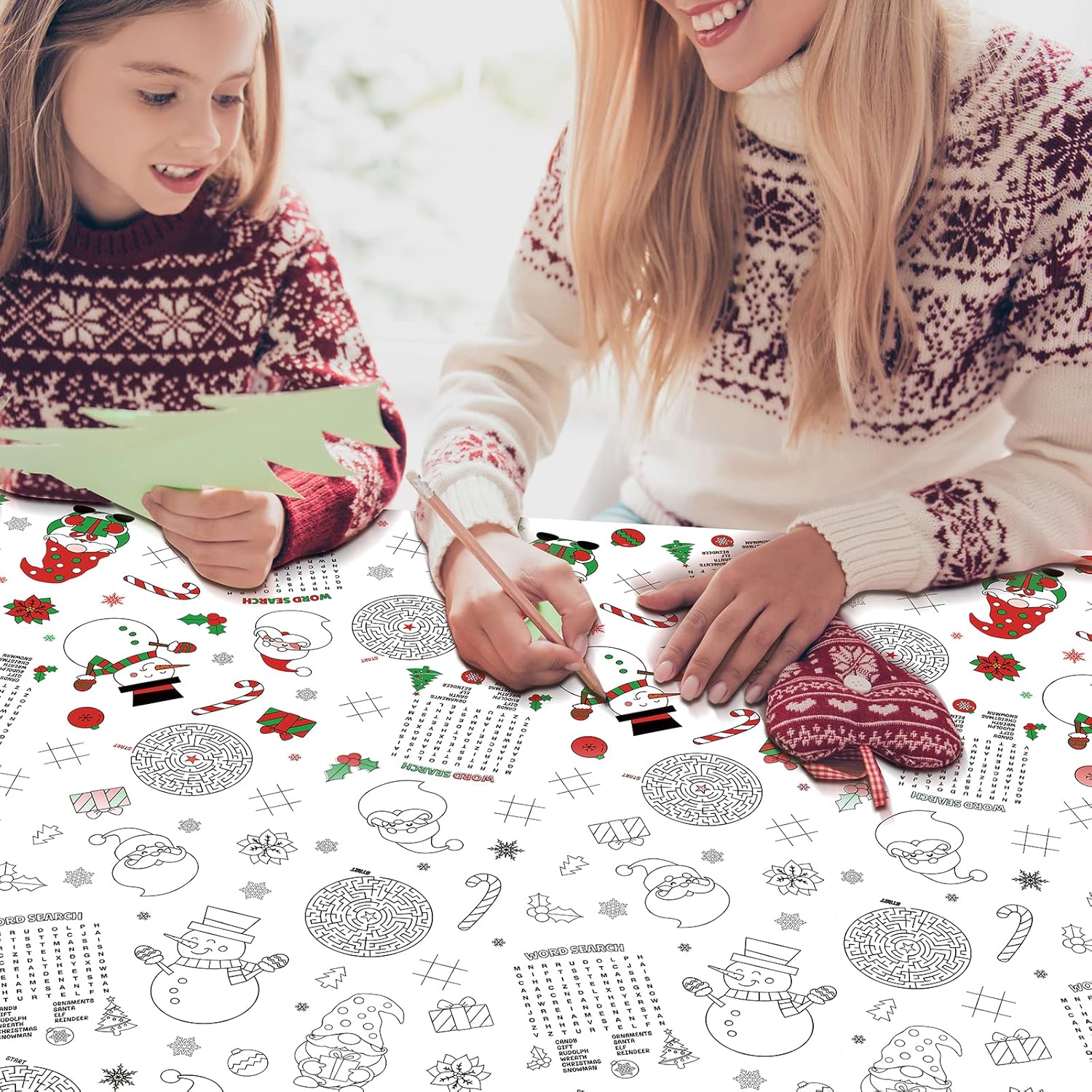 1 mantel de papel de actividades navideñas, mantel desechable de papel de Papá Noel, muñeco de nieve, gnomo, para niños, Navidad, invierno,