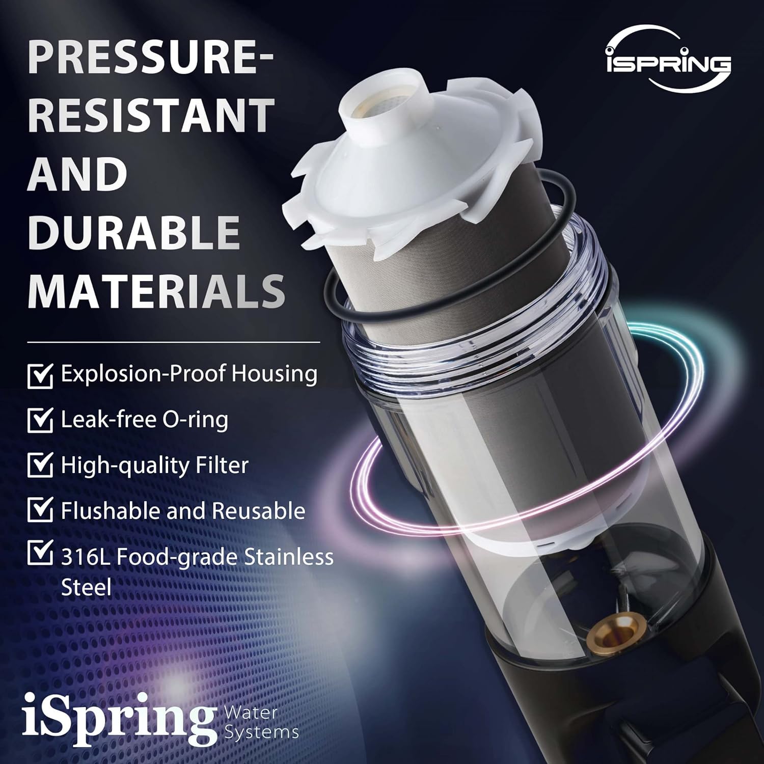 iSpring WSP500ARJ – Filtro de agua de sedimentos giratorios, tamaño jumbo mejorado, gran capacidad, reutilizable con módulo de descarga automática