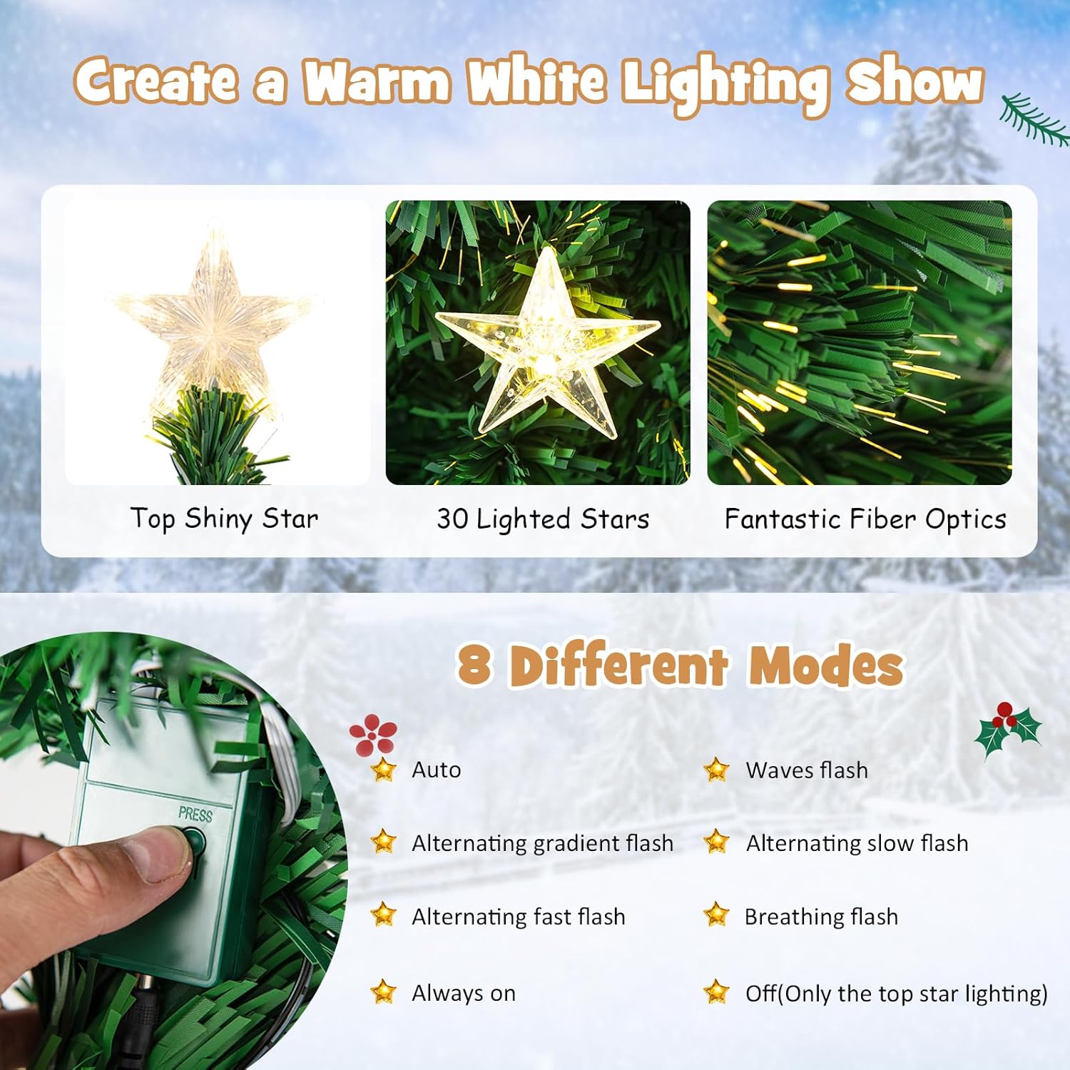 HAPPYGRILL Árbol de Navidad preiluminado de 6 pies, árbol de Navidad artificial con 230 puntas de rama, 30 luces de estrella blancas cálidas, fibra