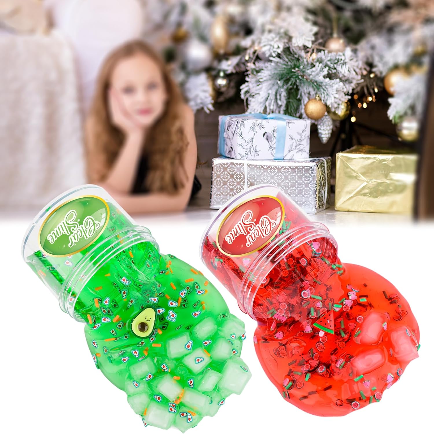 Paquete de 2 slime transparente con cubos de gelatina, juego de limo de cristal verde aguacate rojo sandía, limo transparente crujiente para niños,